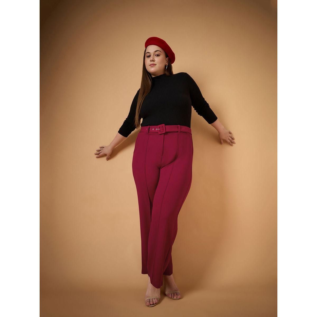 Sassafras X Styli  Plus Size Solid Belted Straight Fit Pants with Pintuck Details-women-clothing-bottoms-trousers-image-2
