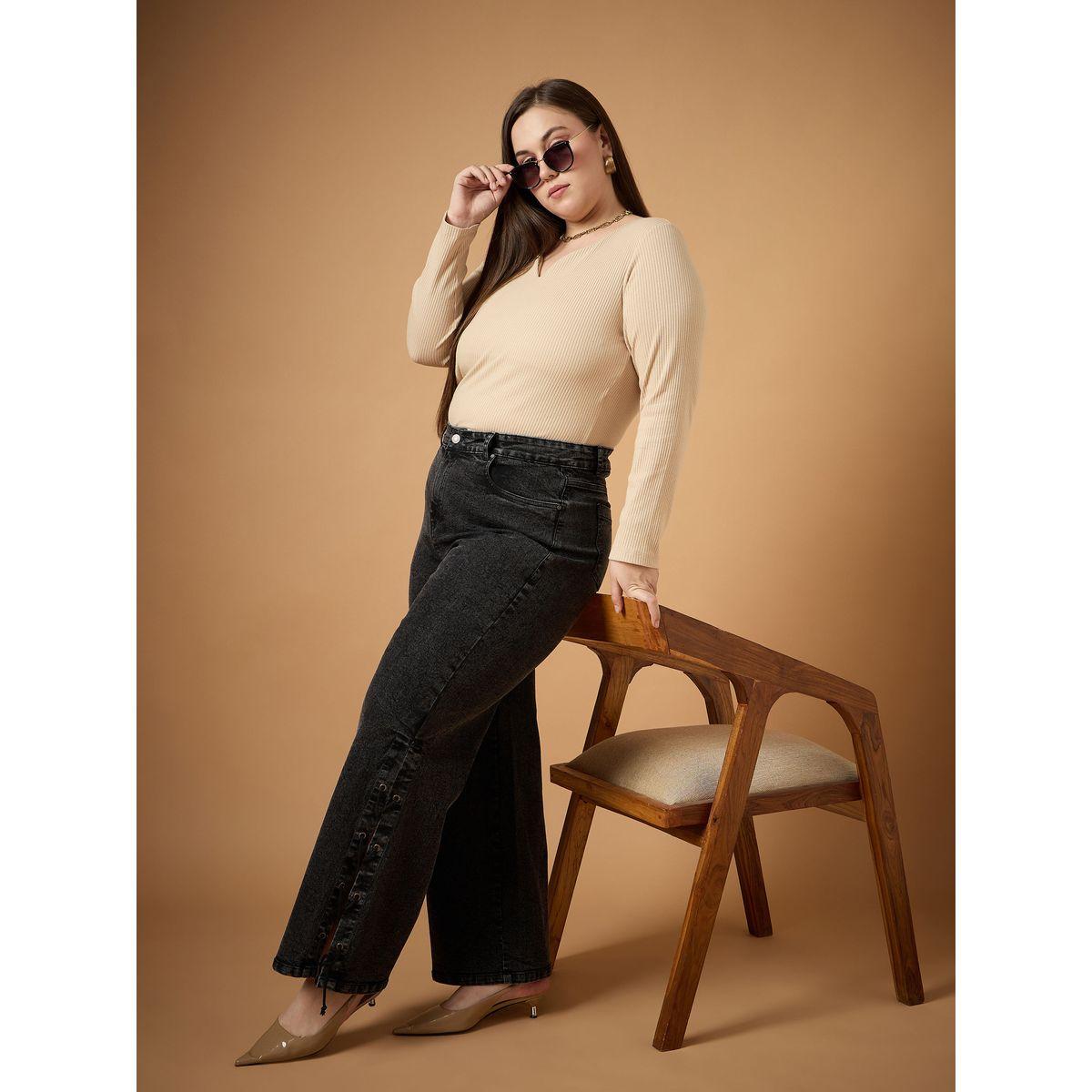 جينز بقصة مستقيمة ومقاس كبير مع خصر متوسط ساسافراس × ستايلي-women-clothing-bottoms-jeans-image-7