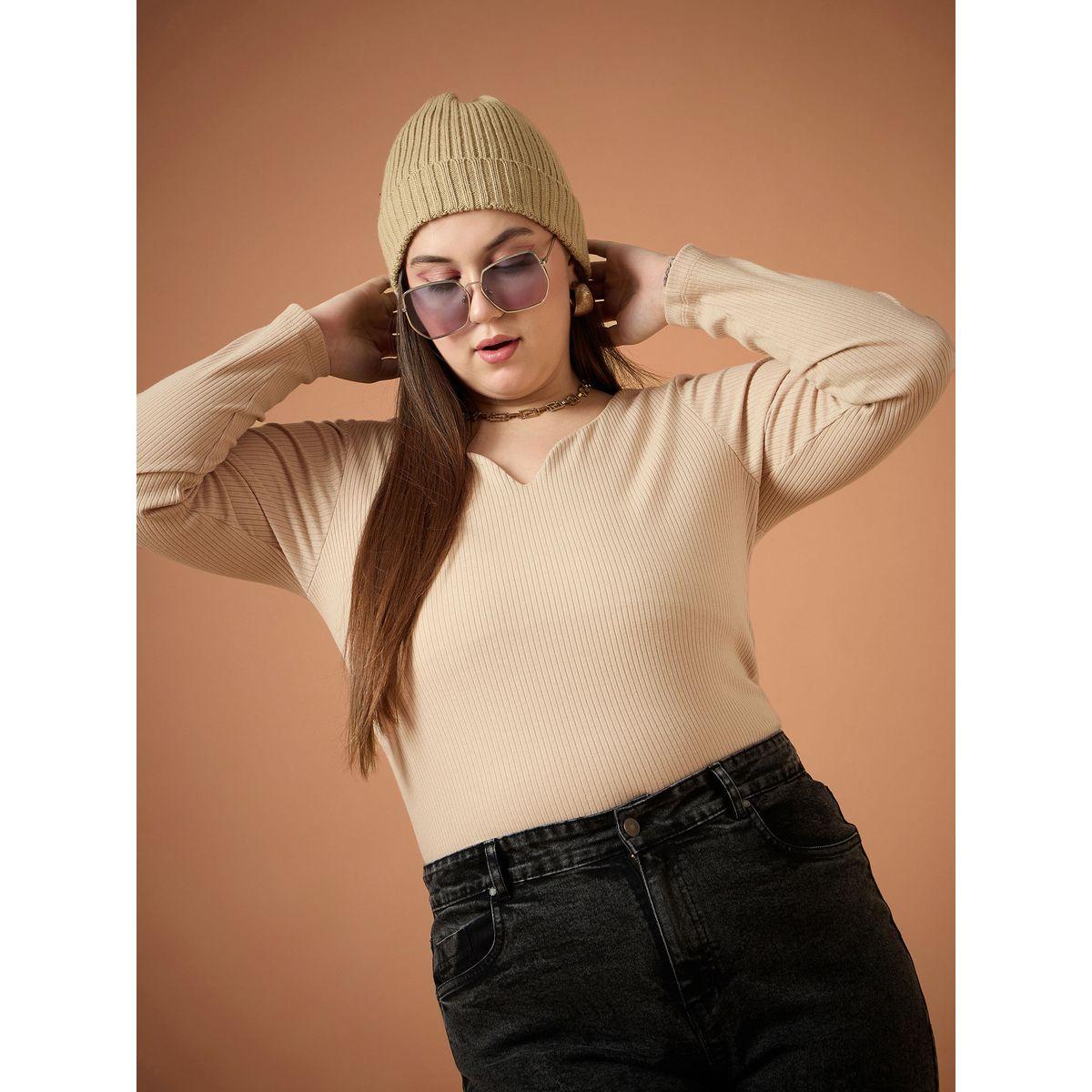 بلوزة مضلعة بمقاس كبير وياقة بشق ساسافراس × ستايلي-women-clothing-tshirts-image-1