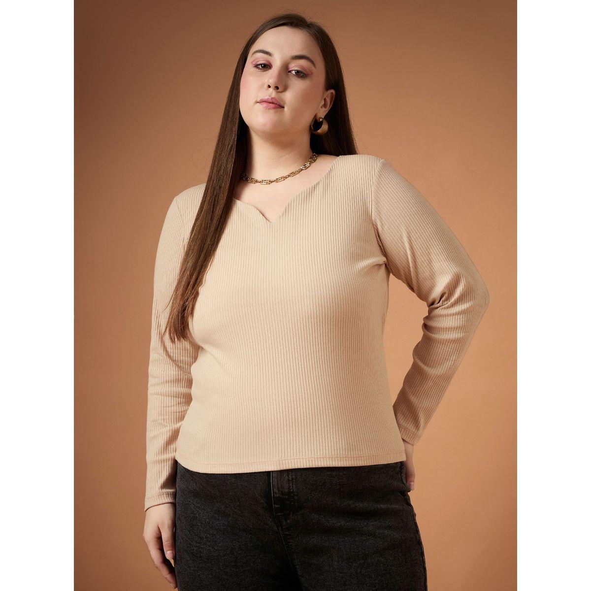 بلوزة مضلعة بمقاس كبير وياقة بشق ساسافراس × ستايلي-women-clothing-tshirts-image-2