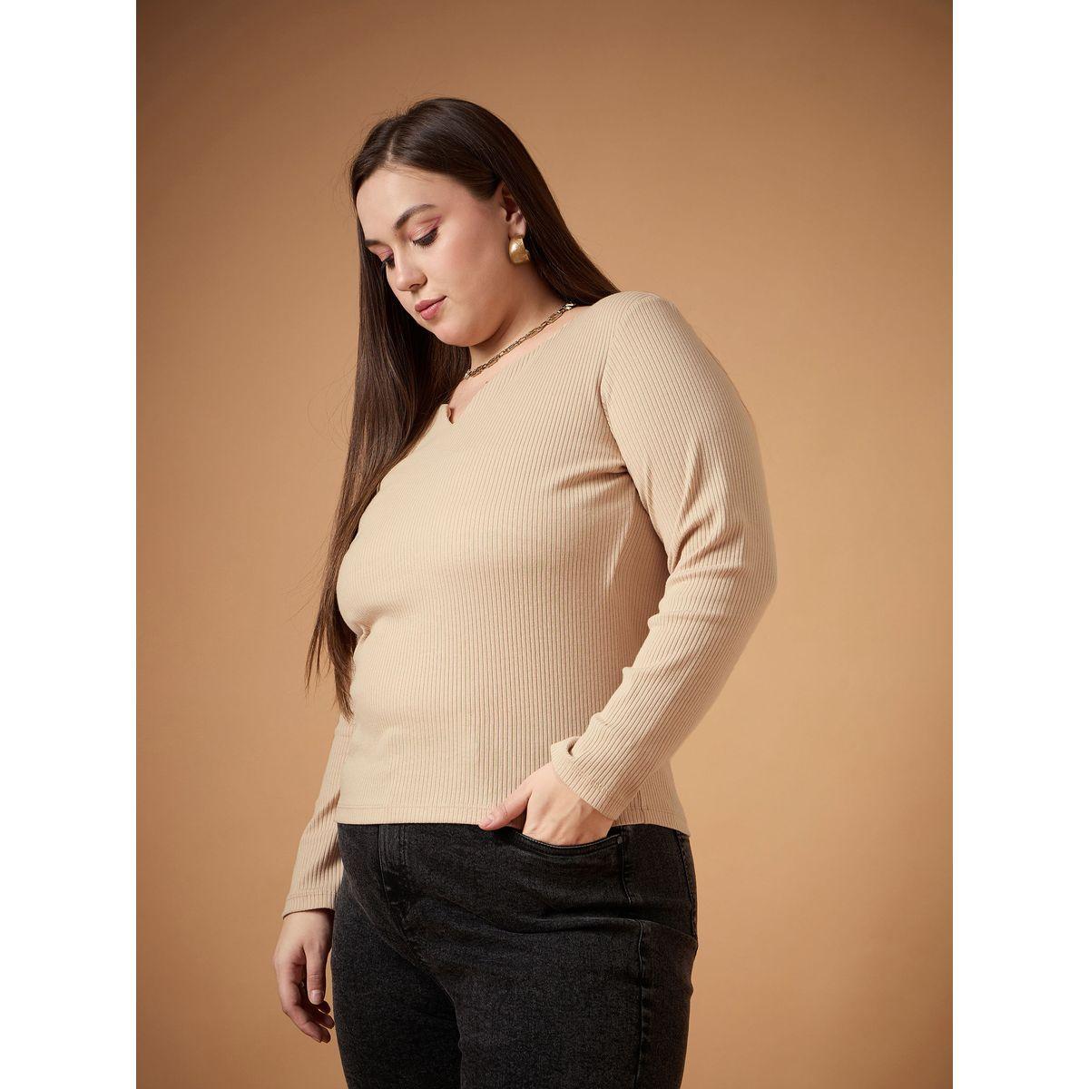 Sassafras X Styli  Plus Size Textured Rib Knit Notch Neck Top-women-clothing-tshirts-image-3