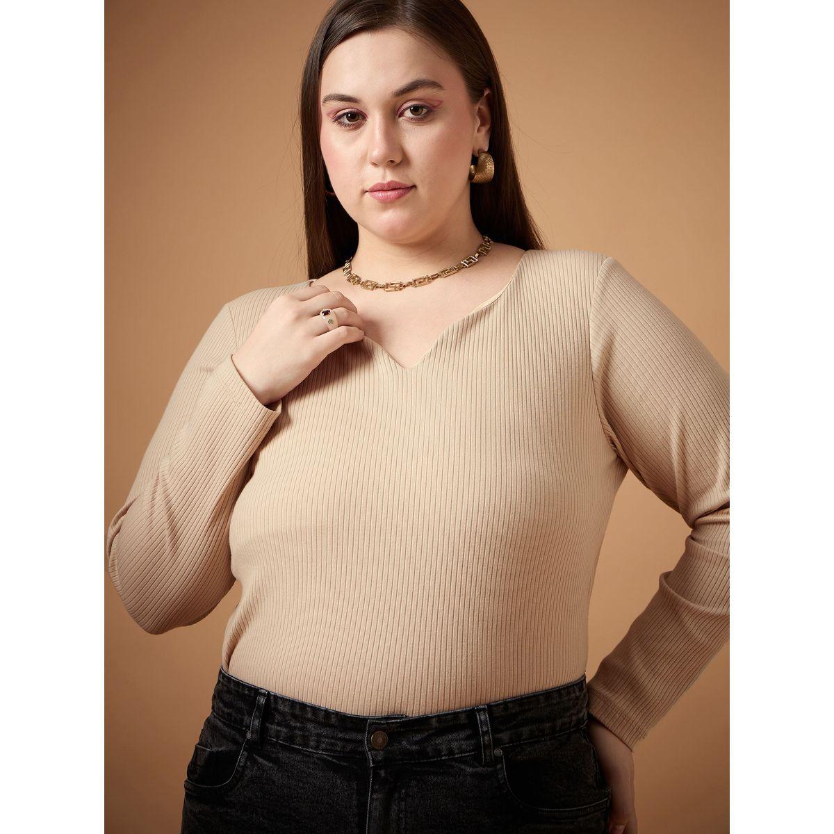 Sassafras X Styli  Plus Size Textured Rib Knit Notch Neck Top-women-clothing-tshirts-image-4