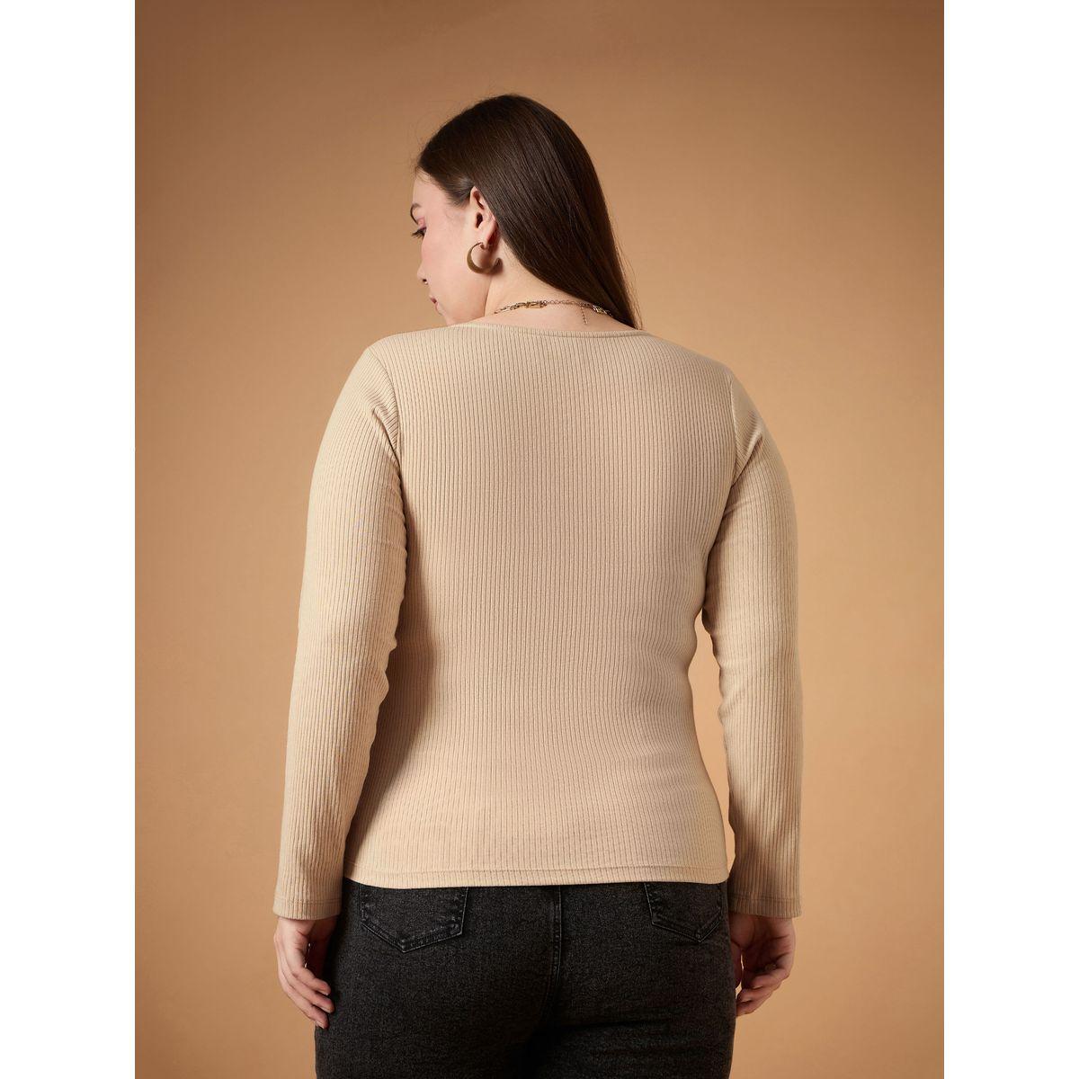 بلوزة مضلعة بمقاس كبير وياقة بشق ساسافراس × ستايلي-women-clothing-tshirts-image-5