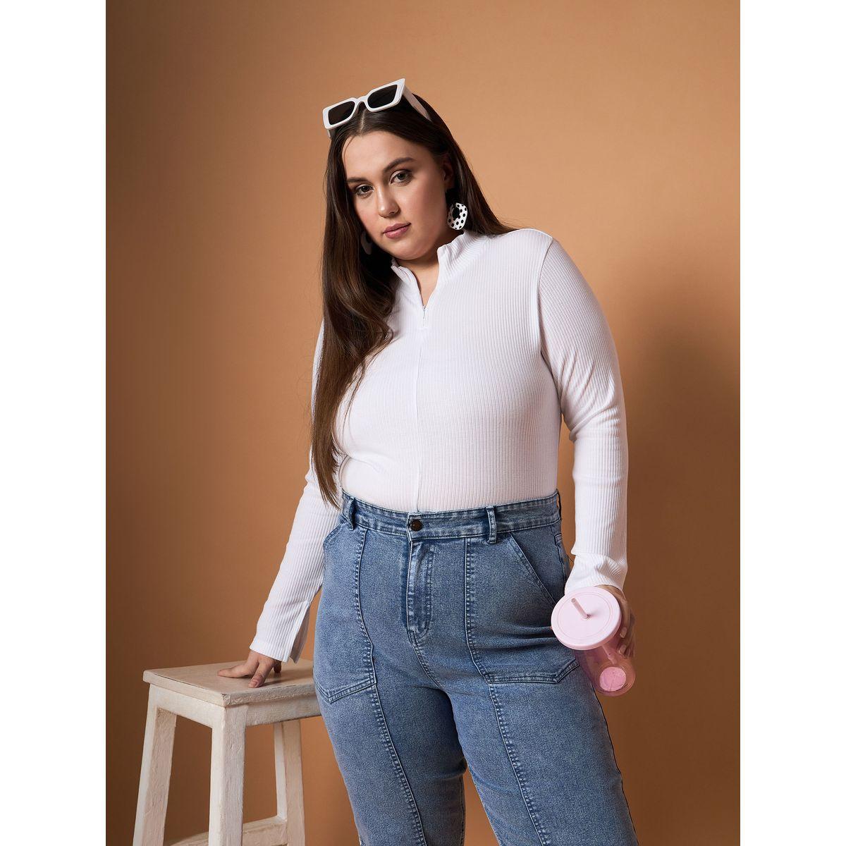 Sassafras X Styli  Plus Size Rib Knit Front Zipper High Neck Top-women-clothing-tshirts-image-2