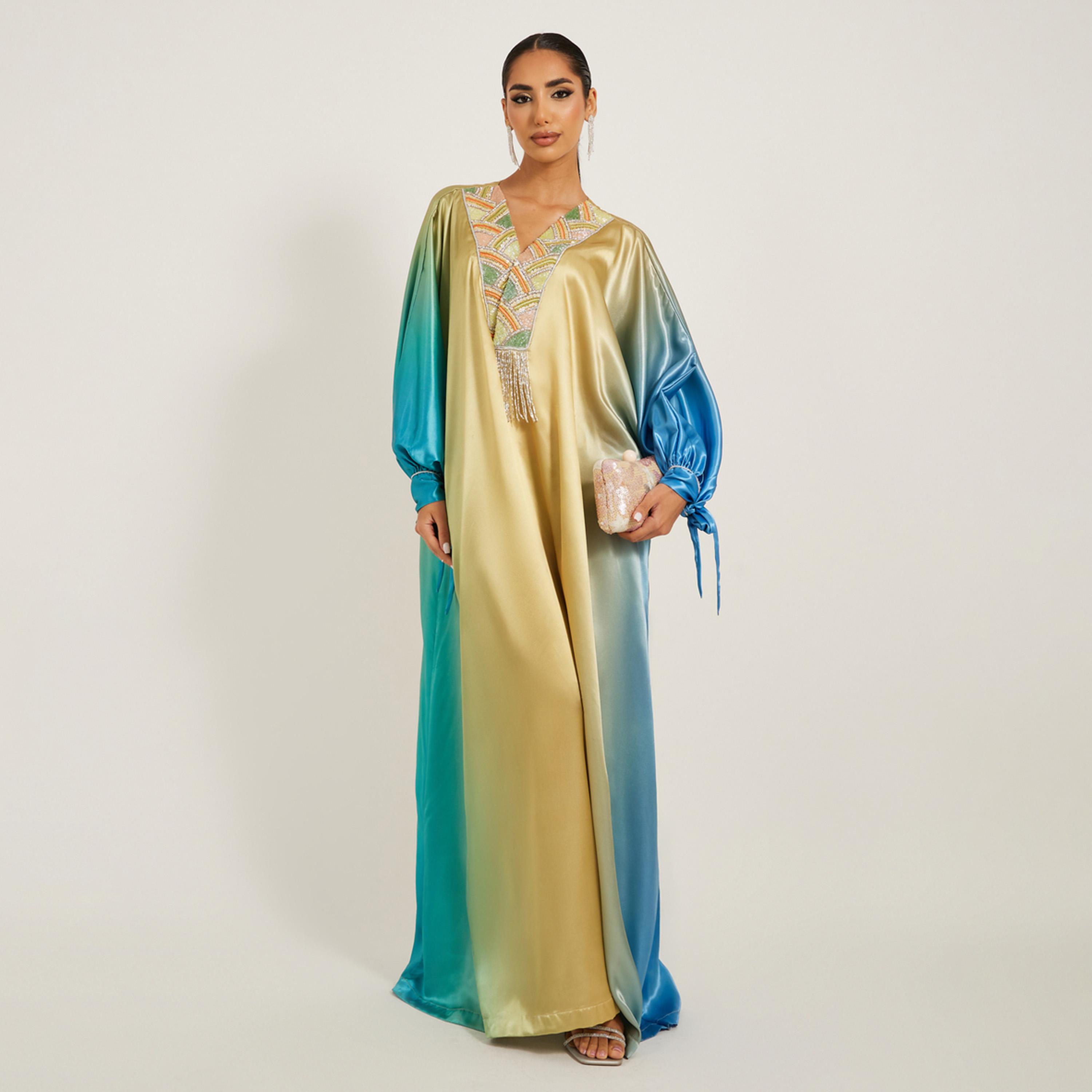 ماكسيم كريشن × ستايلي-  جلابية مطرزة بتفاصيل متدرجة-women-arabicclothing-kaftan-image-1