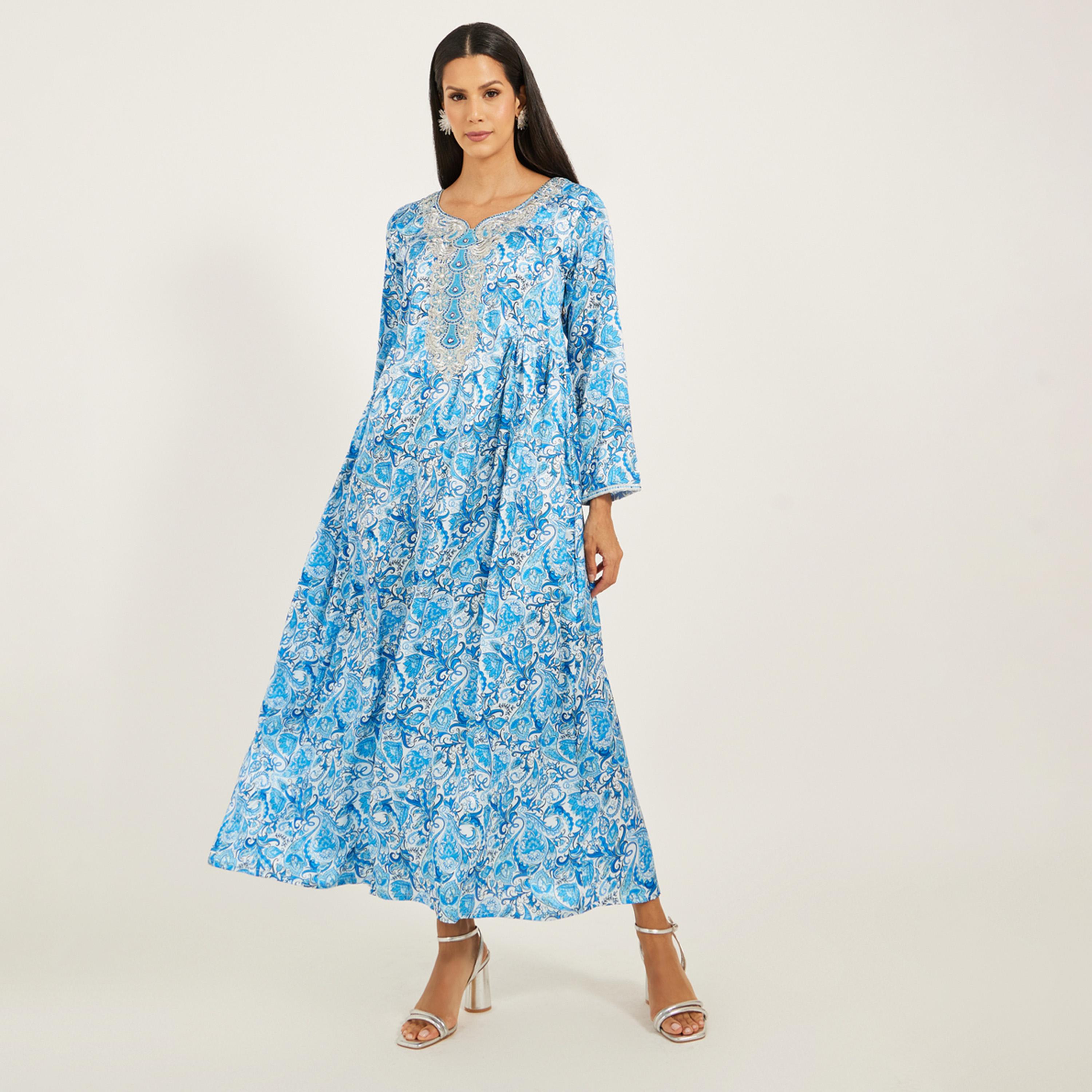 Maxim Creation X Styli Printed Satin Kaftan With Threadwork And Stones-women-arabicclothing-kaftan-image-1