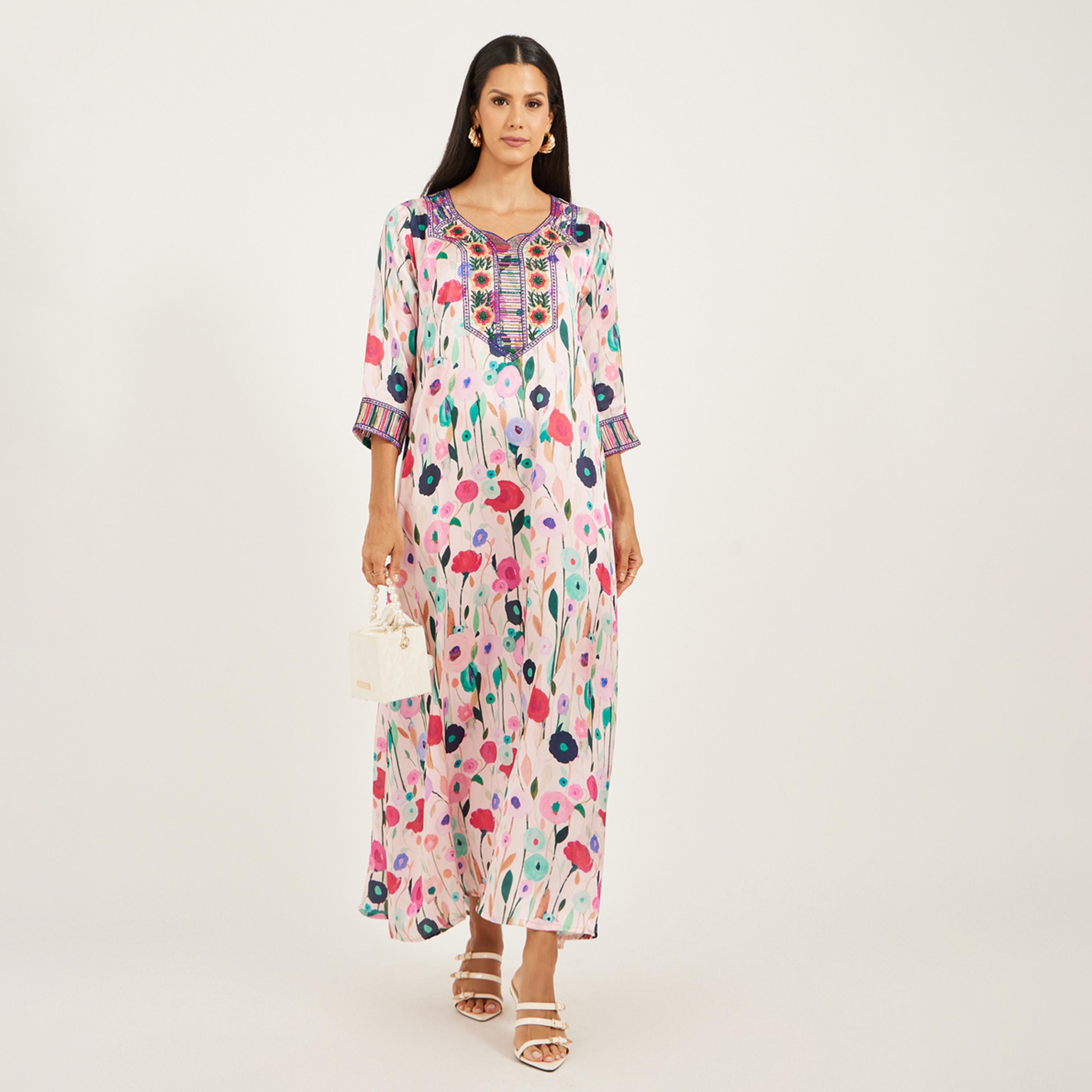 Maxim Creation X Styli Printed Satin Kaftan With Threadwork And Stones-women-arabicclothing-kaftan-image-1