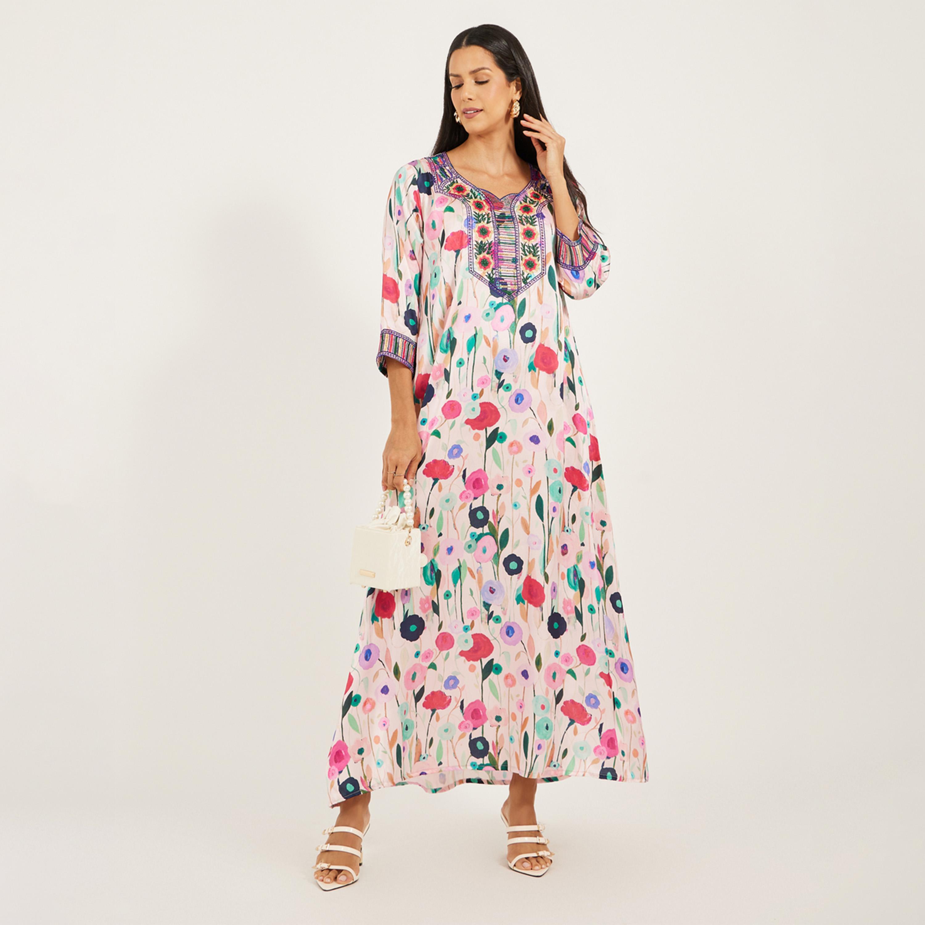 Maxim Creation X Styli Printed Satin Kaftan With Threadwork And Stones-women-arabicclothing-kaftan-image-2