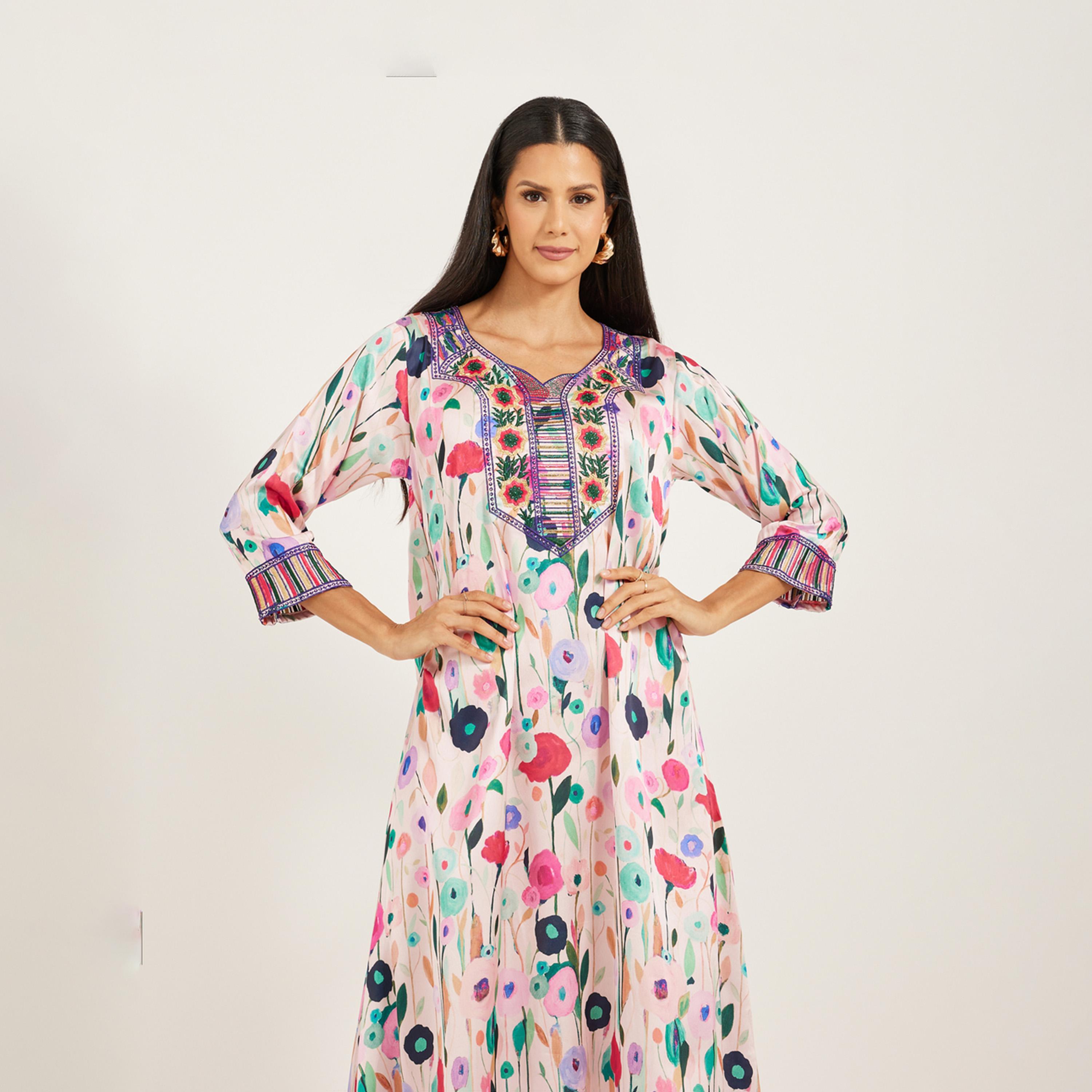 Maxim Creation X Styli Printed Satin Kaftan With Threadwork And Stones-women-arabicclothing-kaftan-image-3