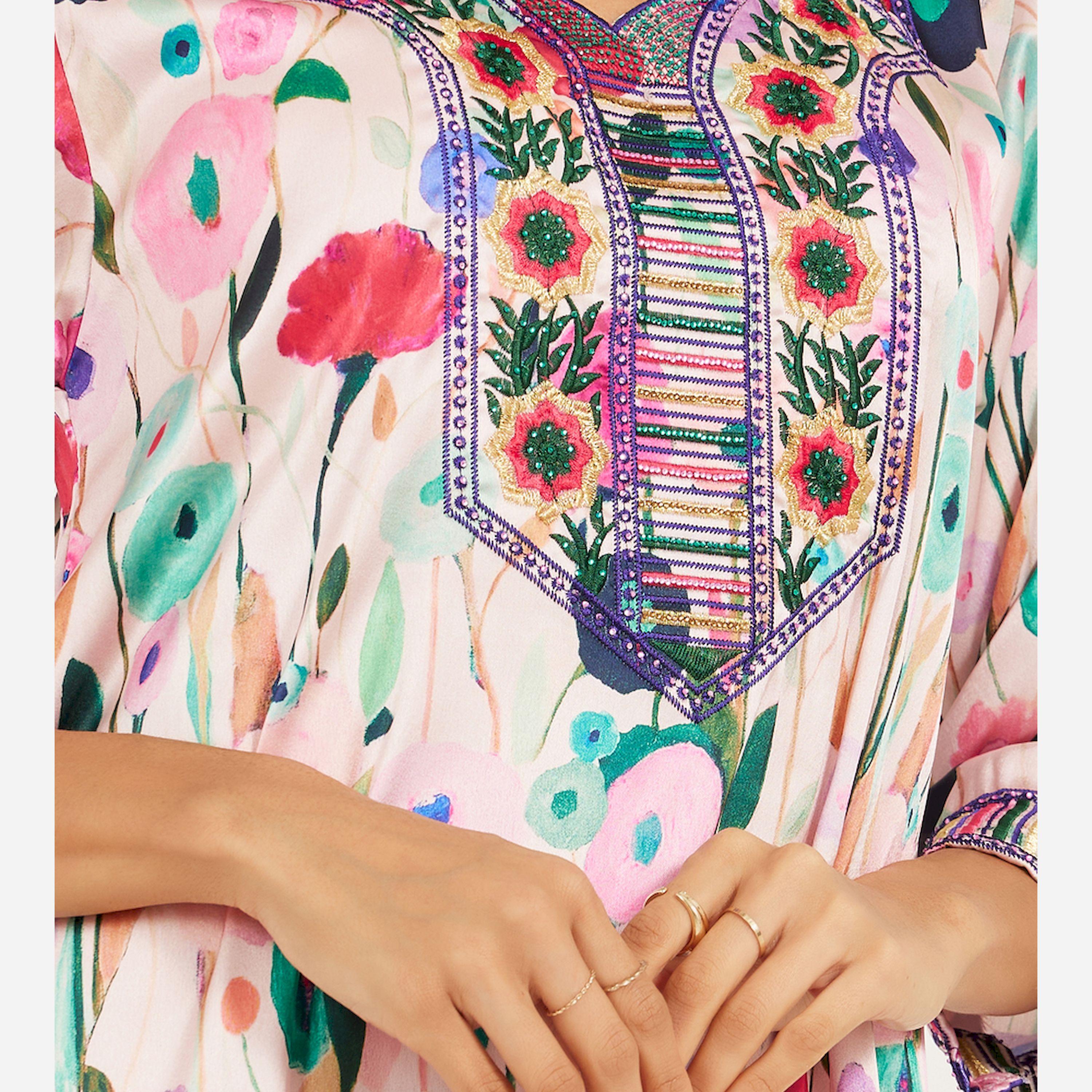 Maxim Creation X Styli Printed Satin Kaftan With Threadwork And Stones-women-arabicclothing-kaftan-image-4