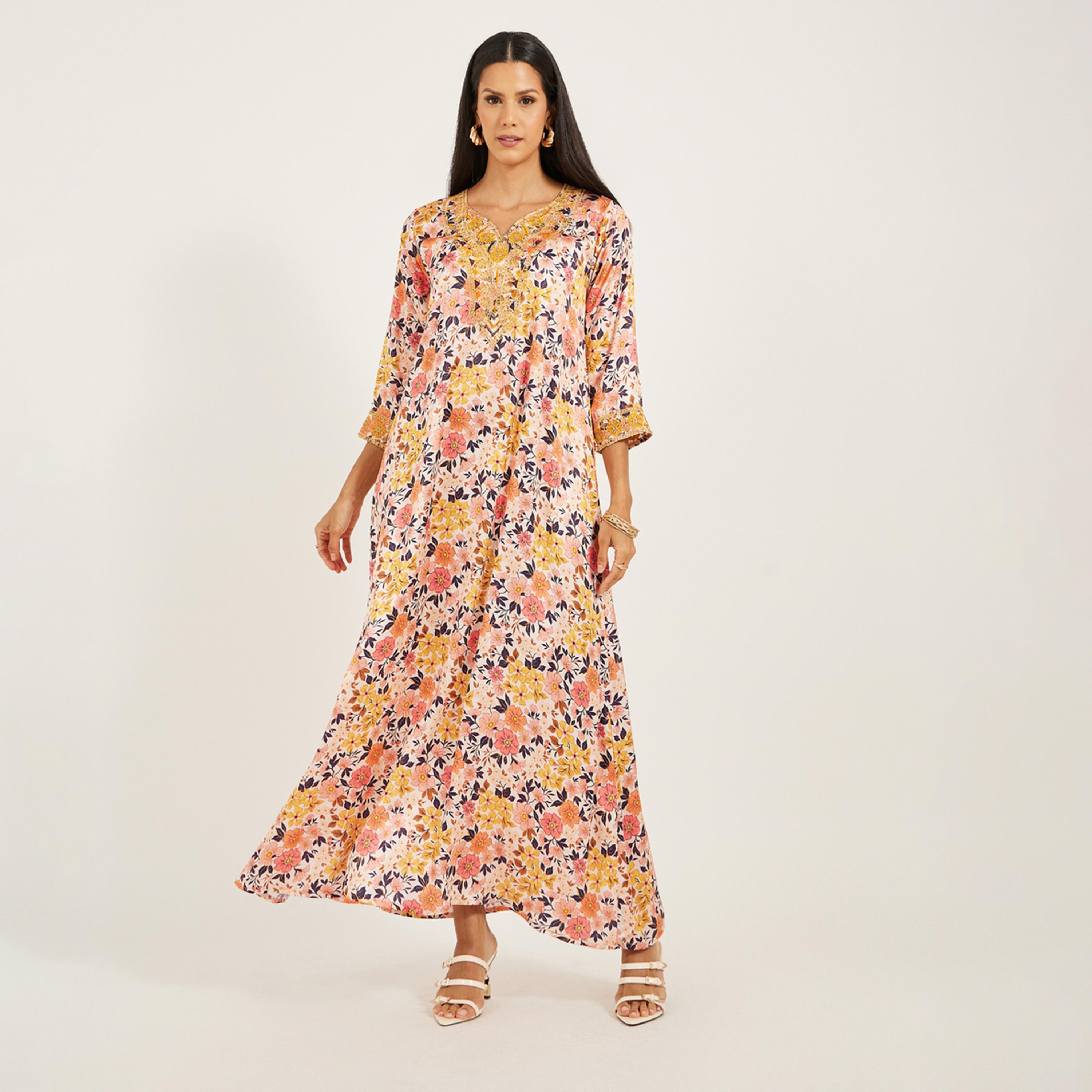 Maxim Creation X Styli Printed Satin Kaftan With Threadwork And Stones-women-arabicclothing-kaftan-image-1