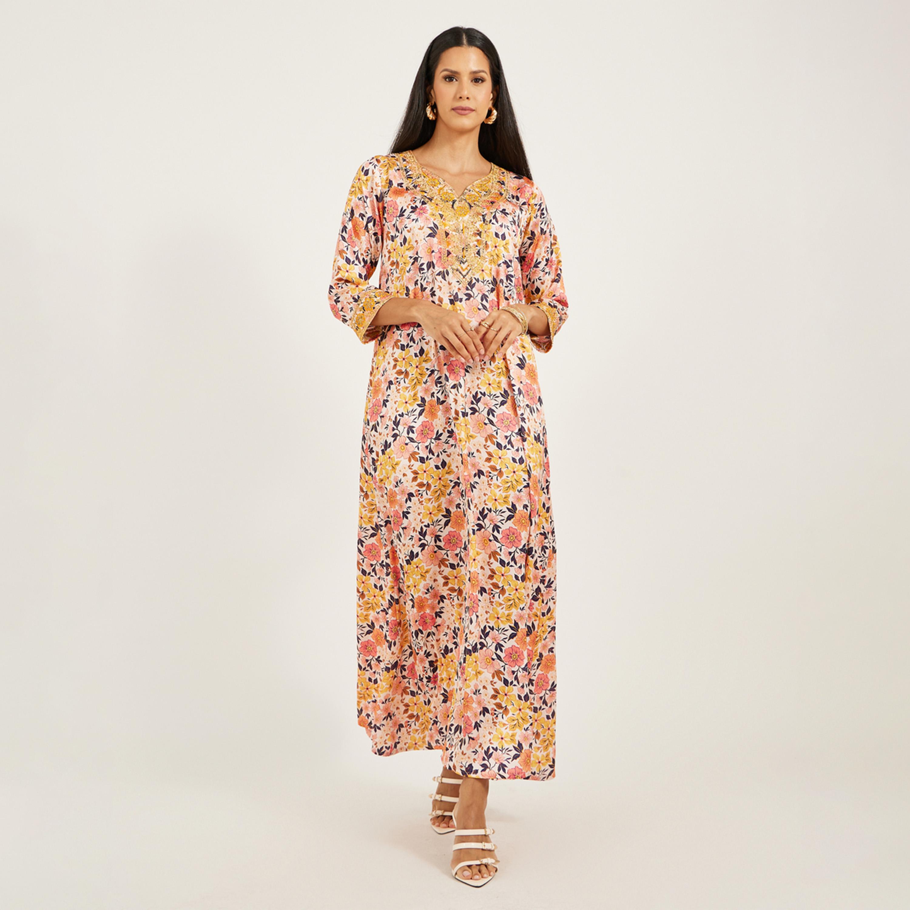 Maxim Creation X Styli Printed Satin Kaftan With Threadwork And Stones-women-arabicclothing-kaftan-image-2