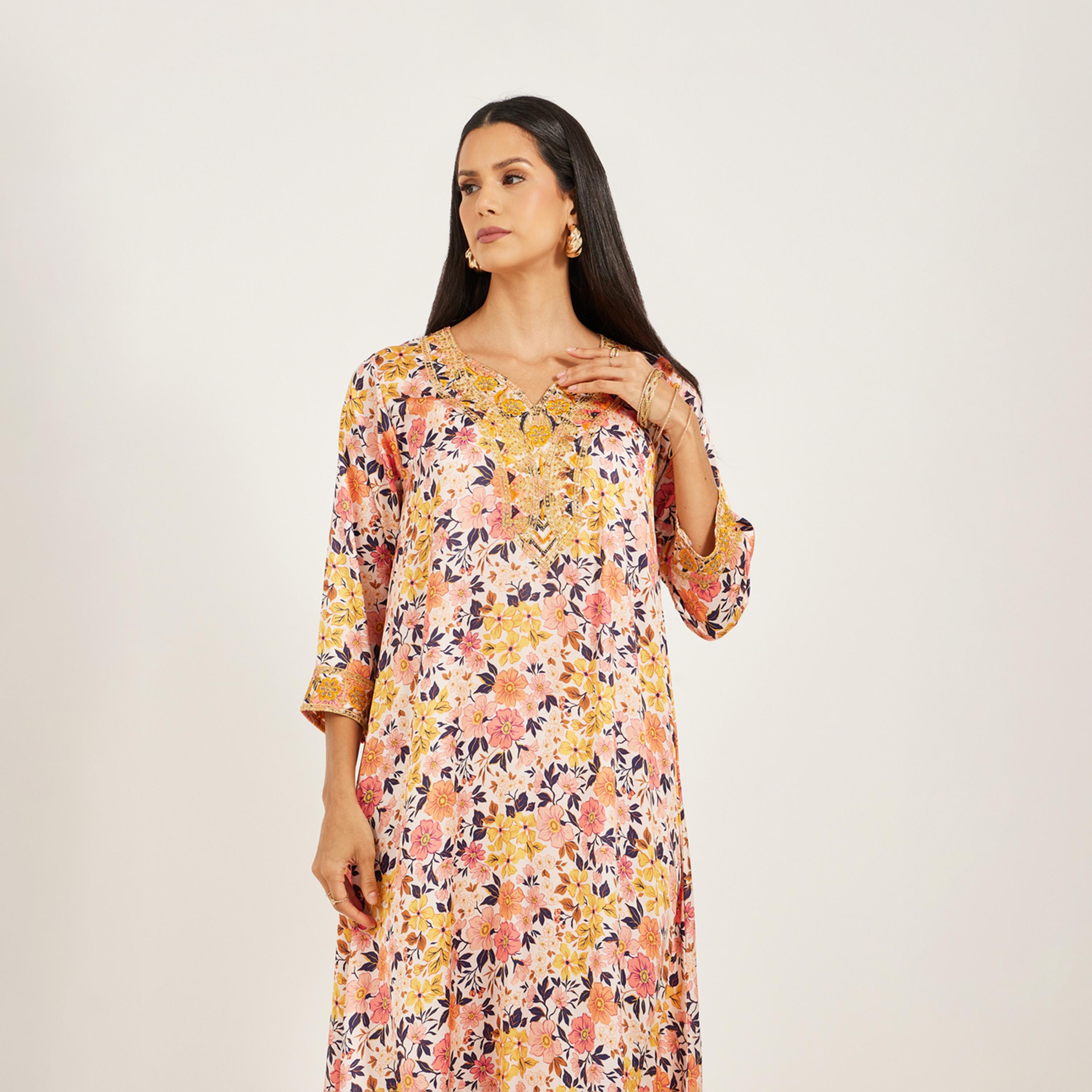 Maxim Creation X Styli Printed Satin Kaftan With Threadwork And Stones-women-arabicclothing-kaftan-image-3