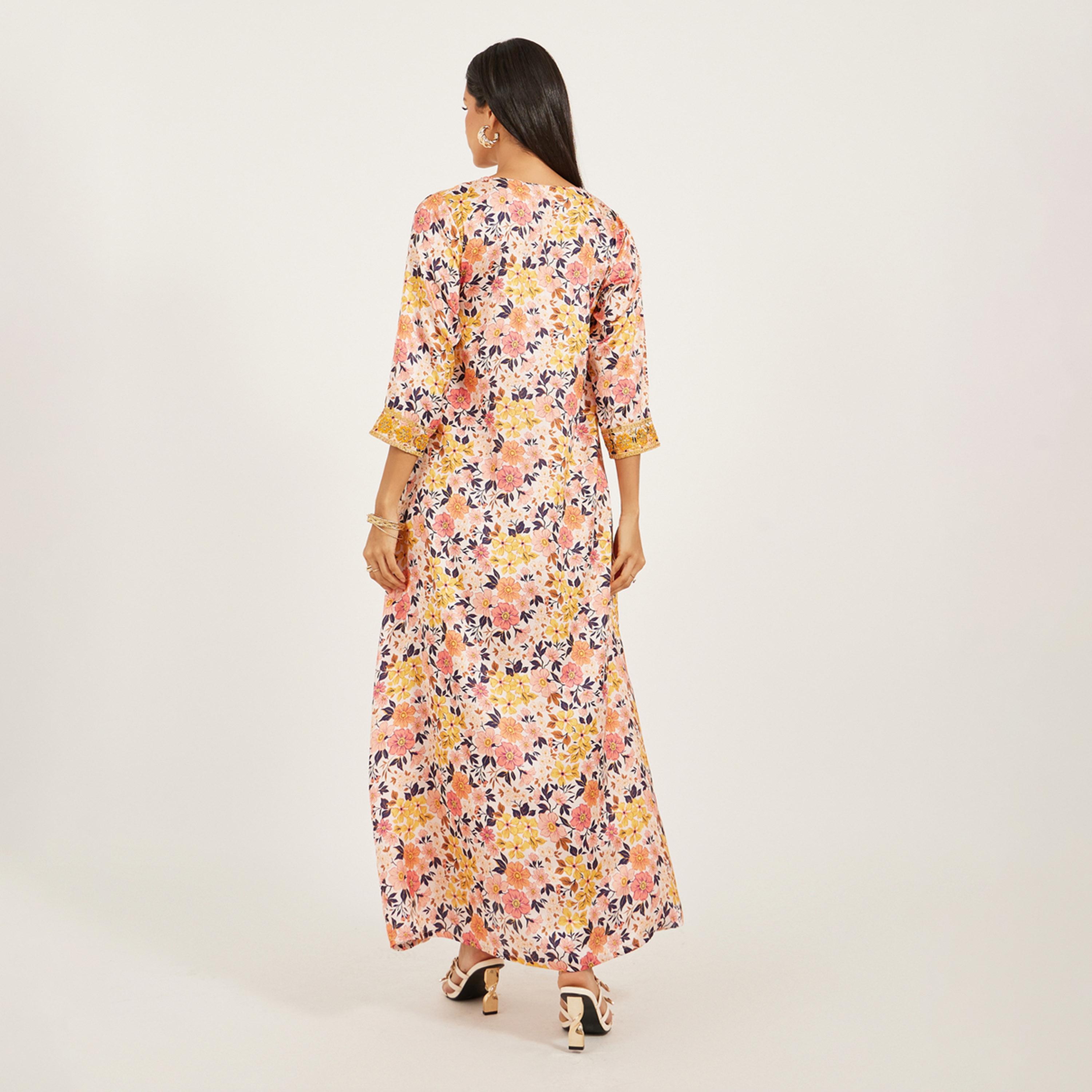 Maxim Creation X Styli Printed Satin Kaftan With Threadwork And Stones-women-arabicclothing-kaftan-image-5