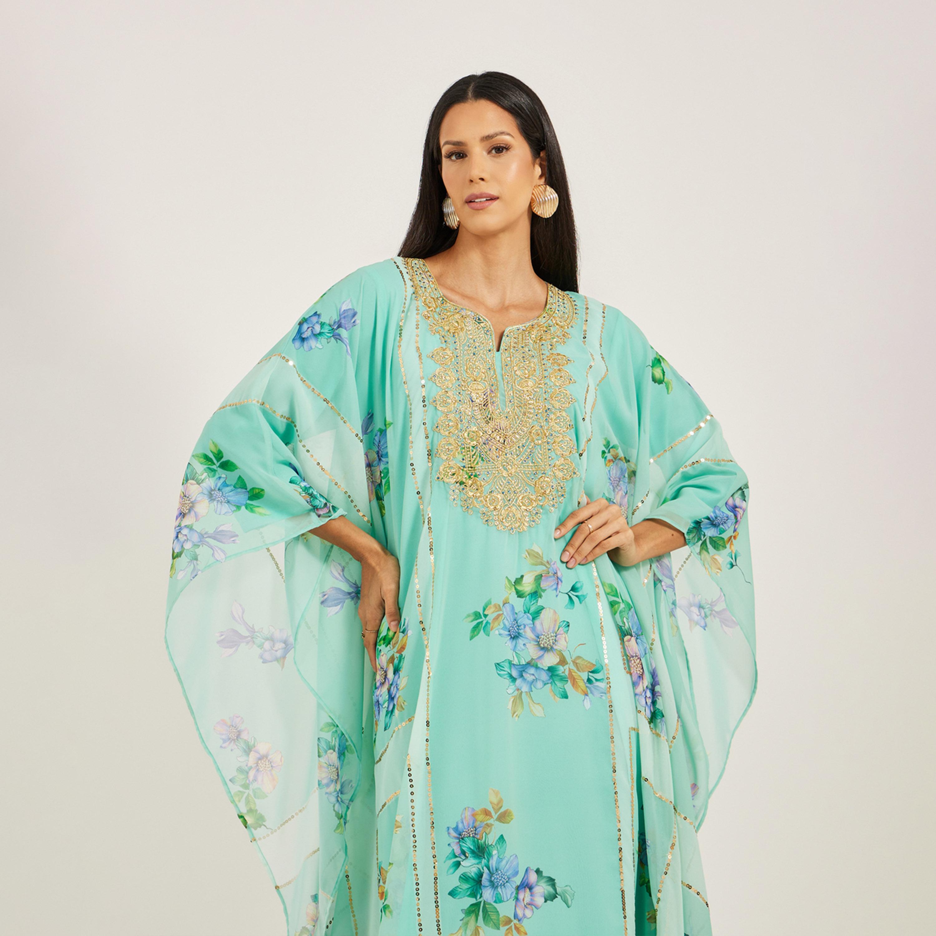 ماكسيم كريشن × ستايلي-  فراشة جورجيت مطبوعة بالخيوط والأحجار-women-arabicclothing-kaftan-image-3