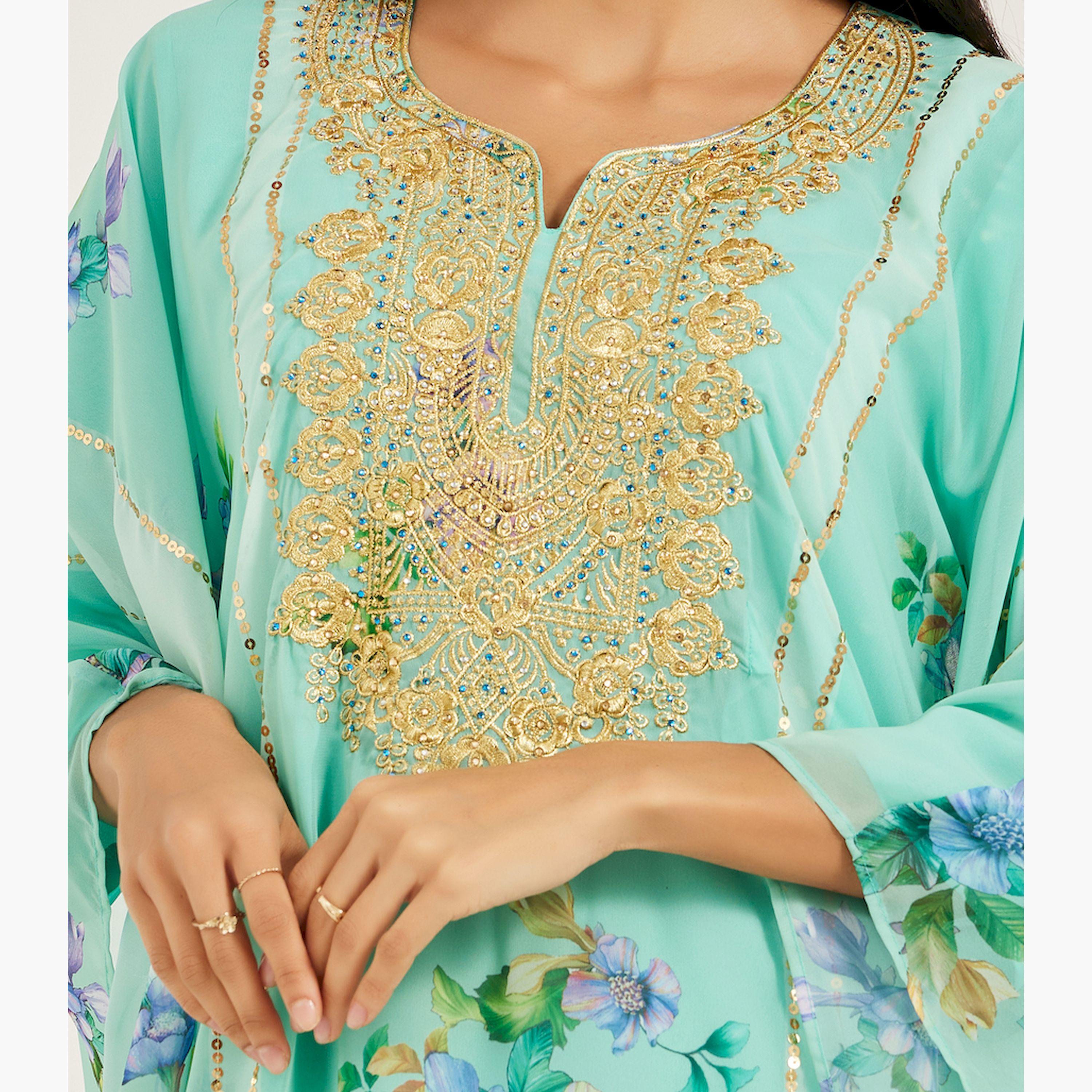 ماكسيم كريشن × ستايلي-  فراشة جورجيت مطبوعة بالخيوط والأحجار-women-arabicclothing-kaftan-image-4