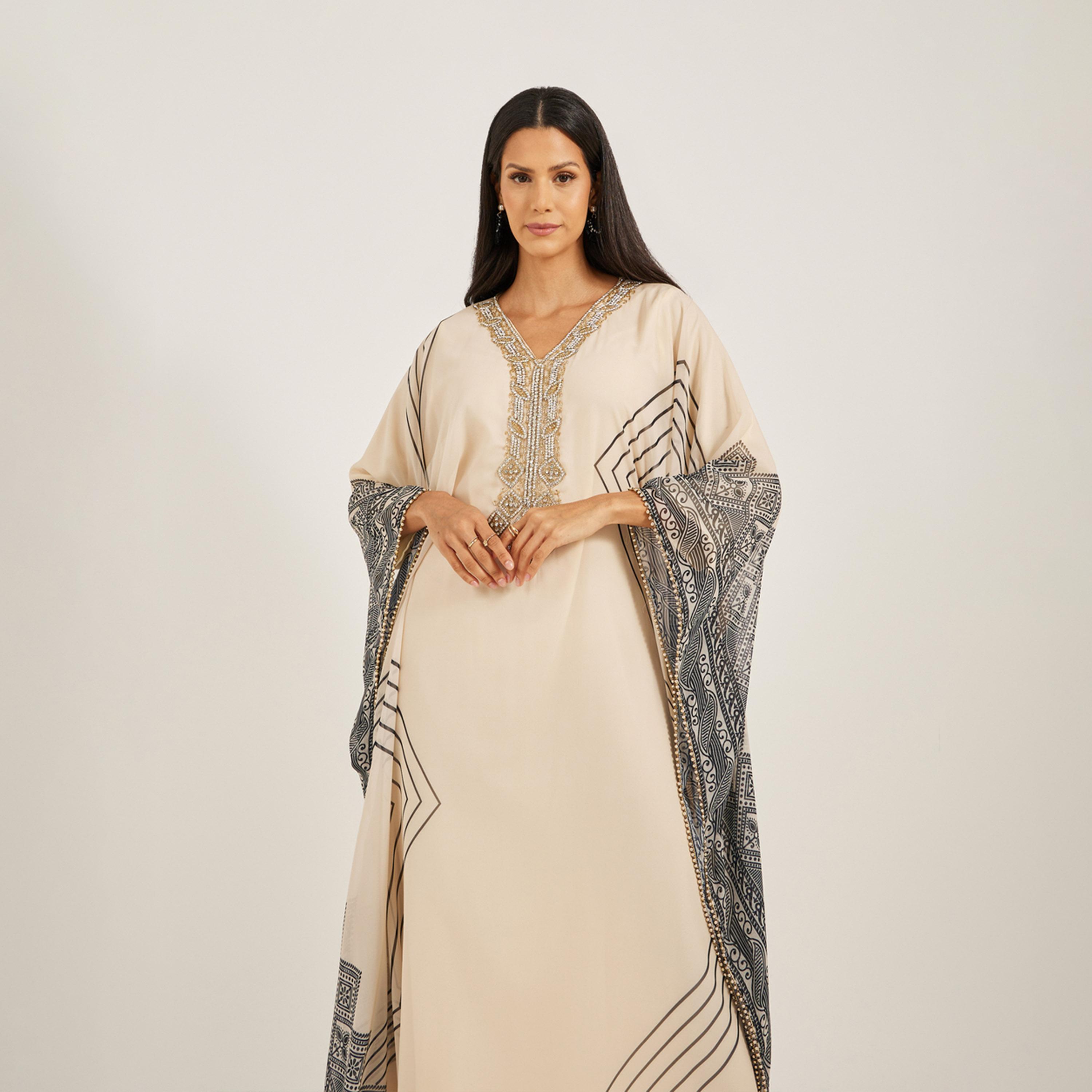 ماكسيم كريشن × ستايلي-  قفطان جورجيت مطبوع شغل يدوي-women-arabicclothing-kaftan-image-3