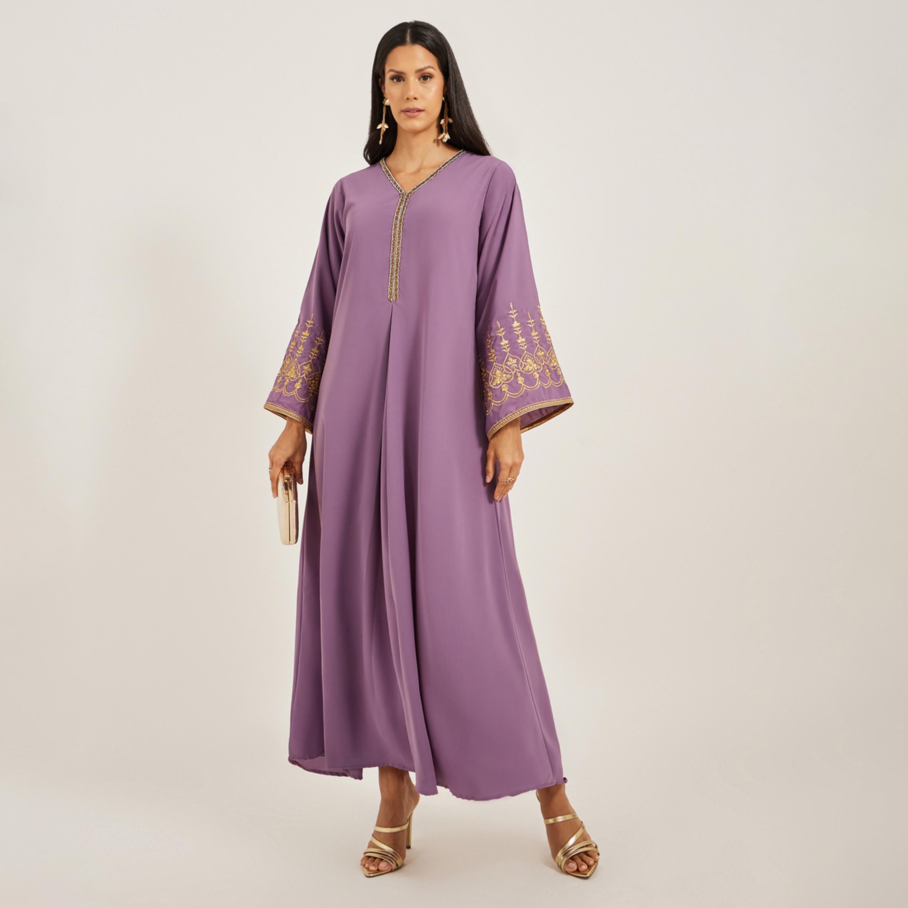 Maxim Creation X Styli Embroidered V-Neck Flared Kaftan-women-arabicclothing-kaftan-image-1