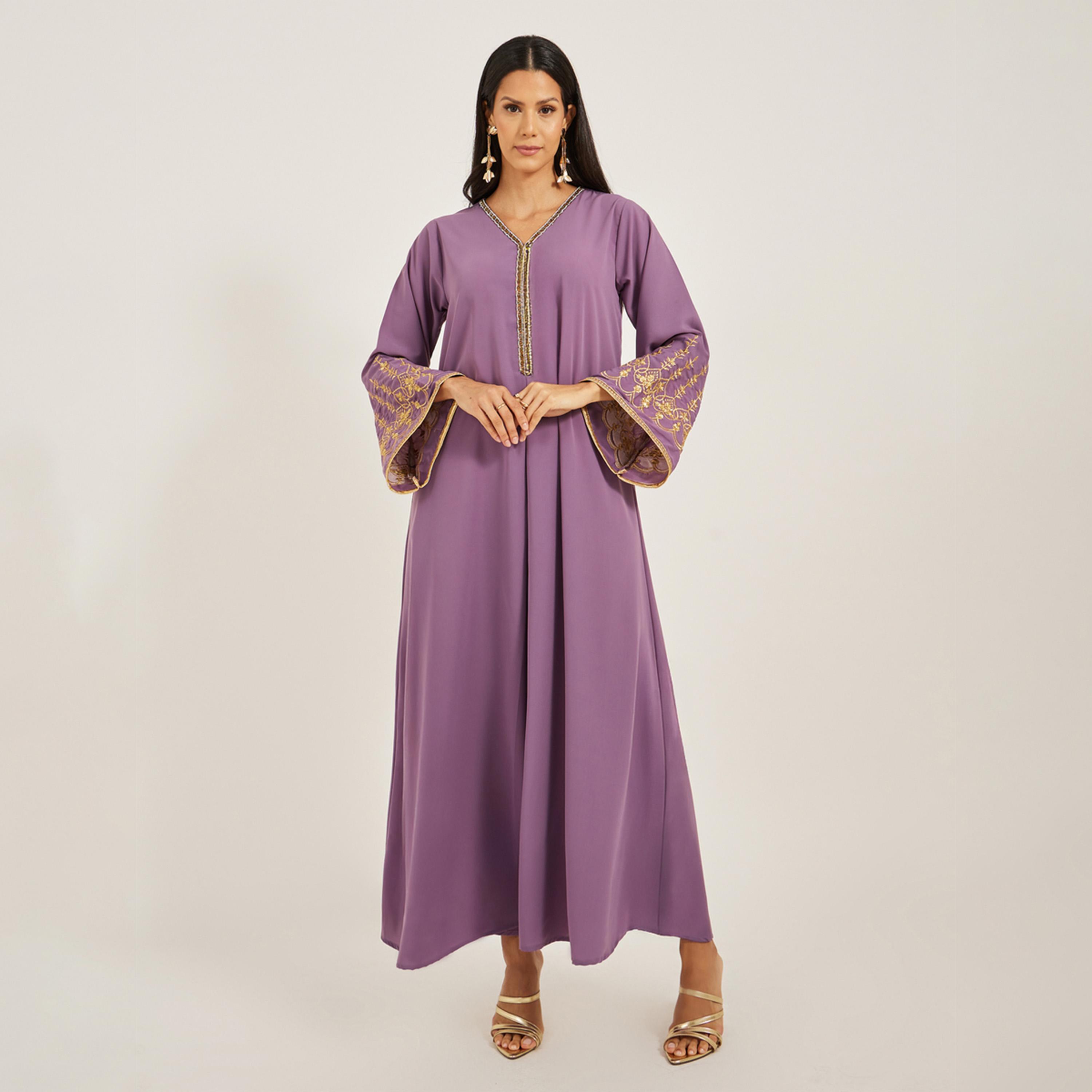 Maxim Creation X Styli Embroidered V-Neck Flared Kaftan-women-arabicclothing-kaftan-image-2