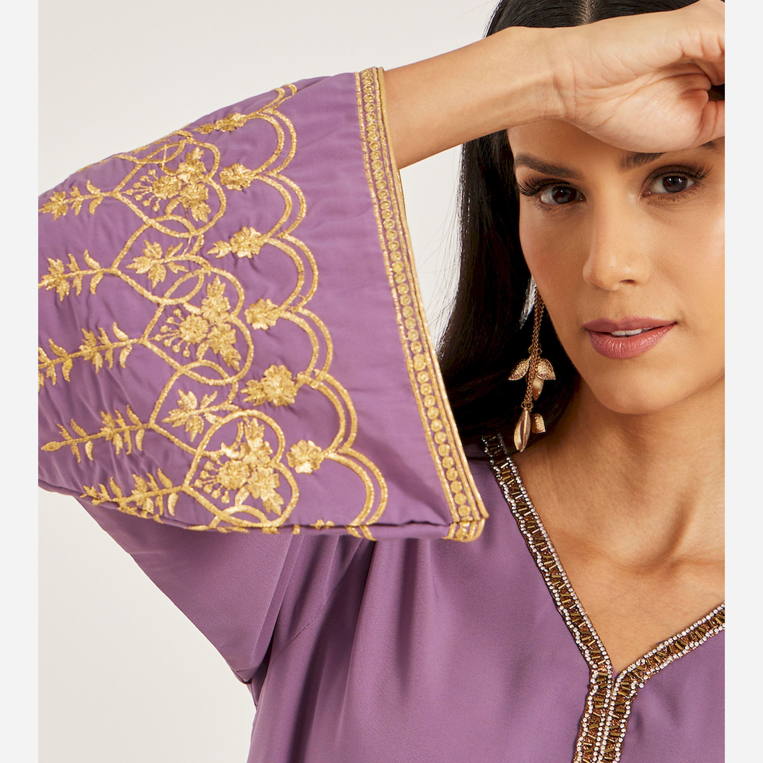 Maxim Creation X Styli Embroidered V-Neck Flared Kaftan-women-arabicclothing-kaftan-image-4