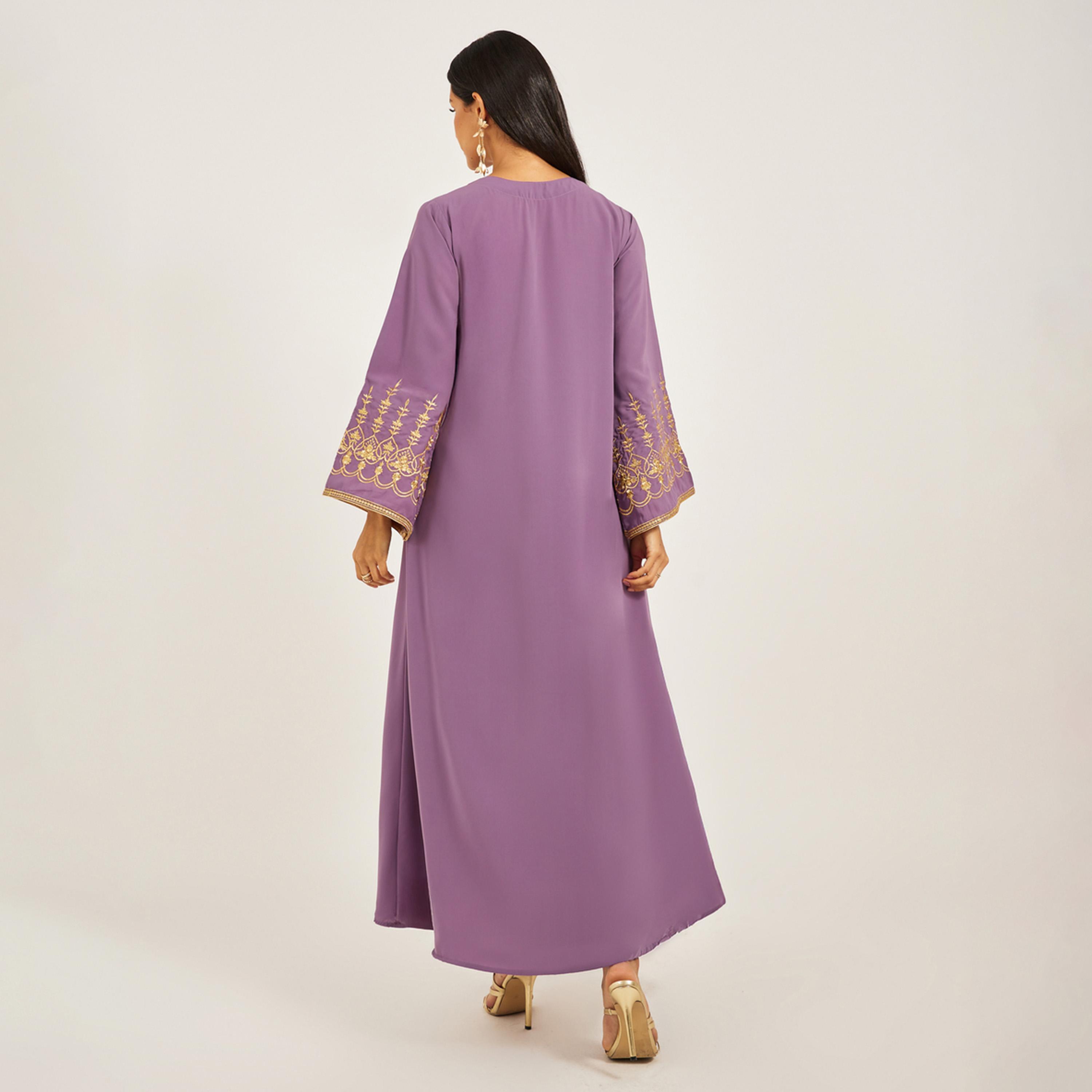Maxim Creation X Styli Embroidered V-Neck Flared Kaftan-women-arabicclothing-kaftan-image-5