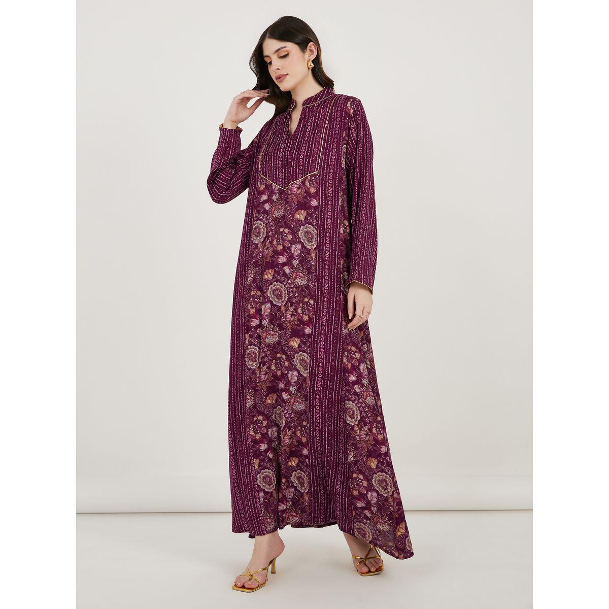 قفطان طويل بياقة وطبعة زهور-women-arabicclothing-kaftan-image-1