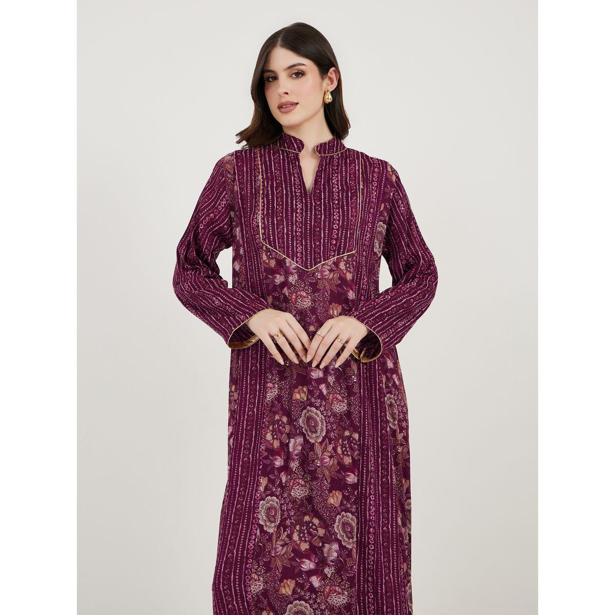 Maxim Creation Floral Print Collared Kaftan-women-arabicclothing-kaftan-image-2