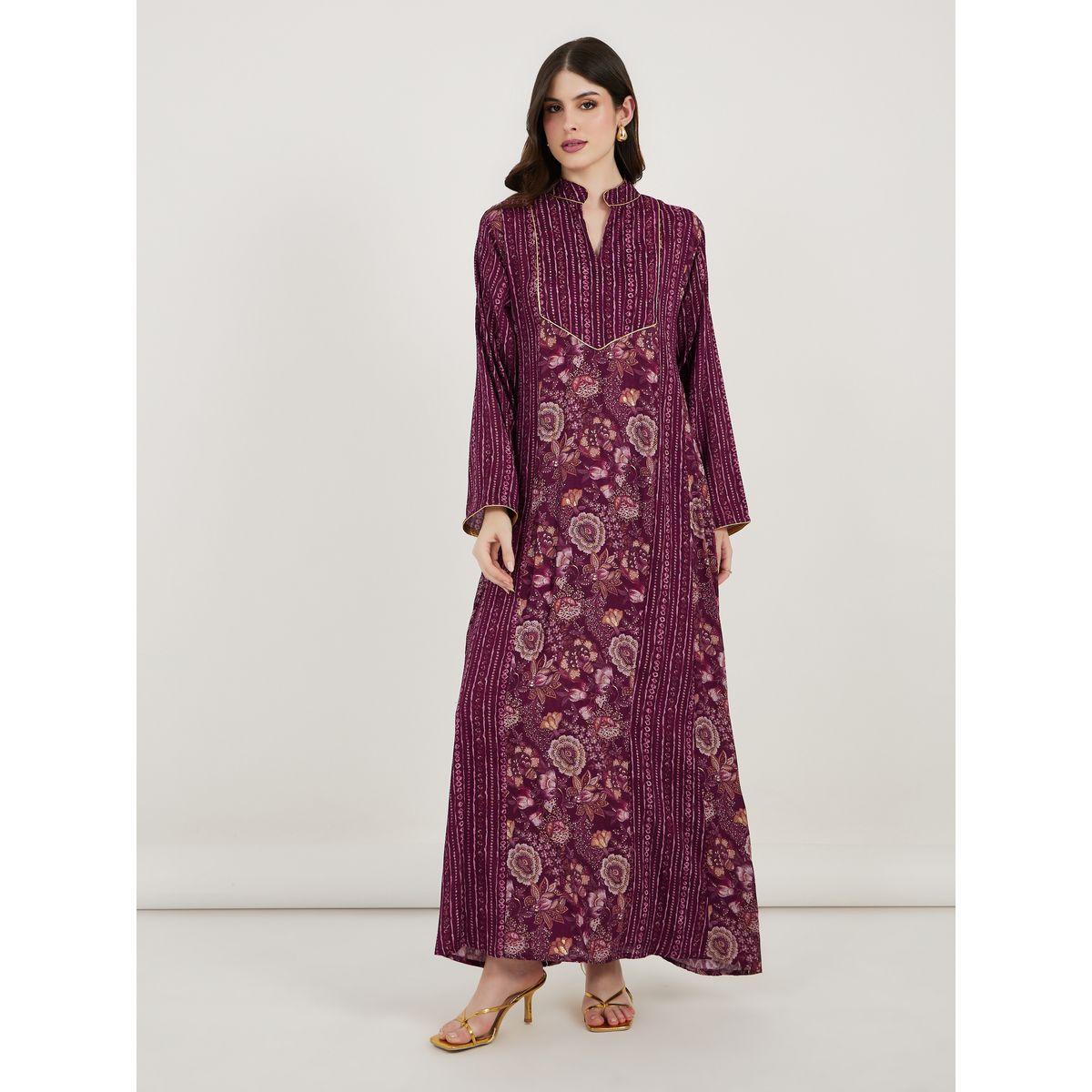 Maxim Creation Floral Print Collared Kaftan-women-arabicclothing-kaftan-image-4