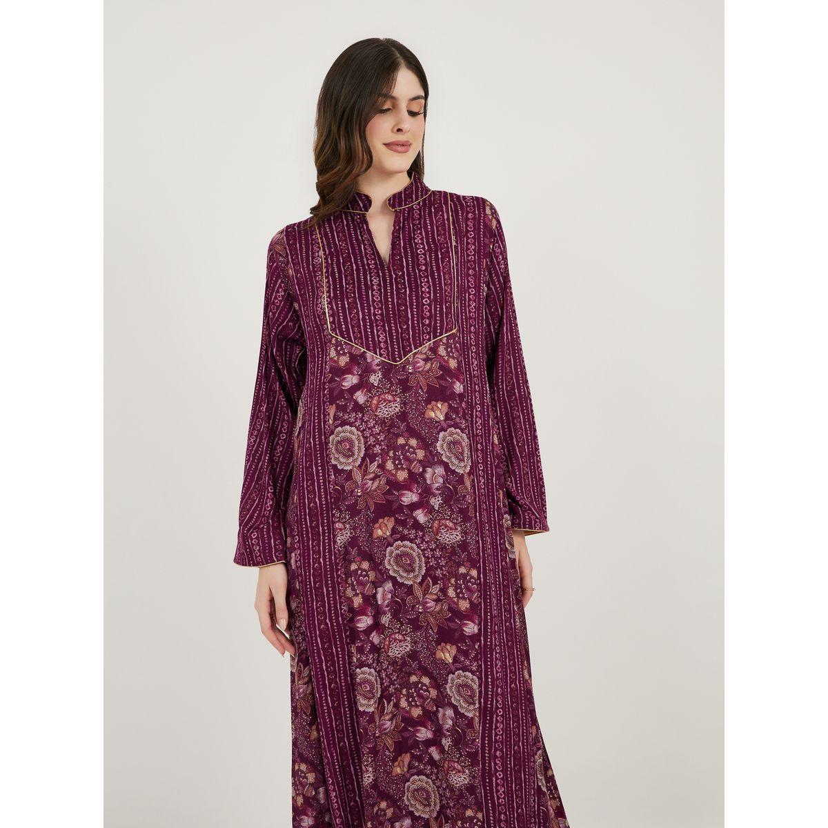 قفطان طويل بياقة وطبعة زهور-women-arabicclothing-kaftan-image-5