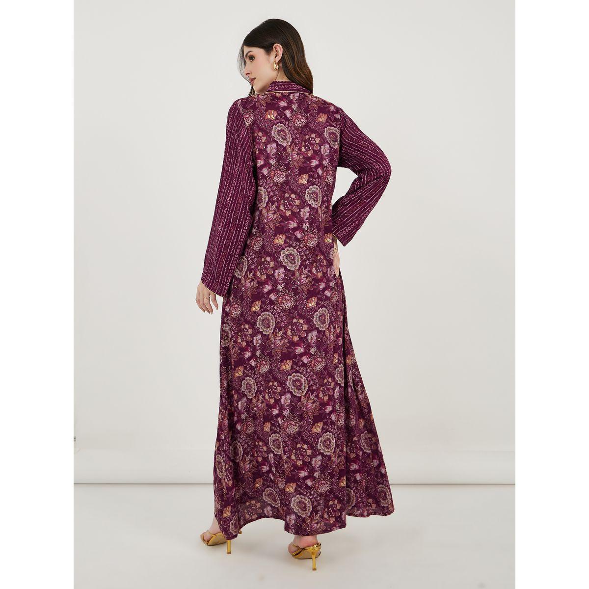 Maxim Creation Floral Print Collared Kaftan-women-arabicclothing-kaftan-image-6
