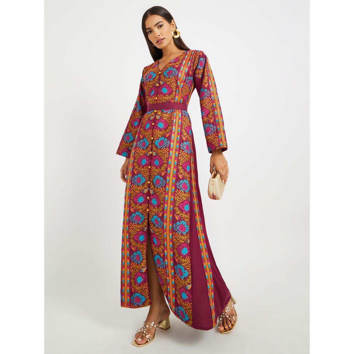 Maxim Creation Embroidered V Neck Belted Jalabiya-women-arabicclothing-jalabiyas-image-1