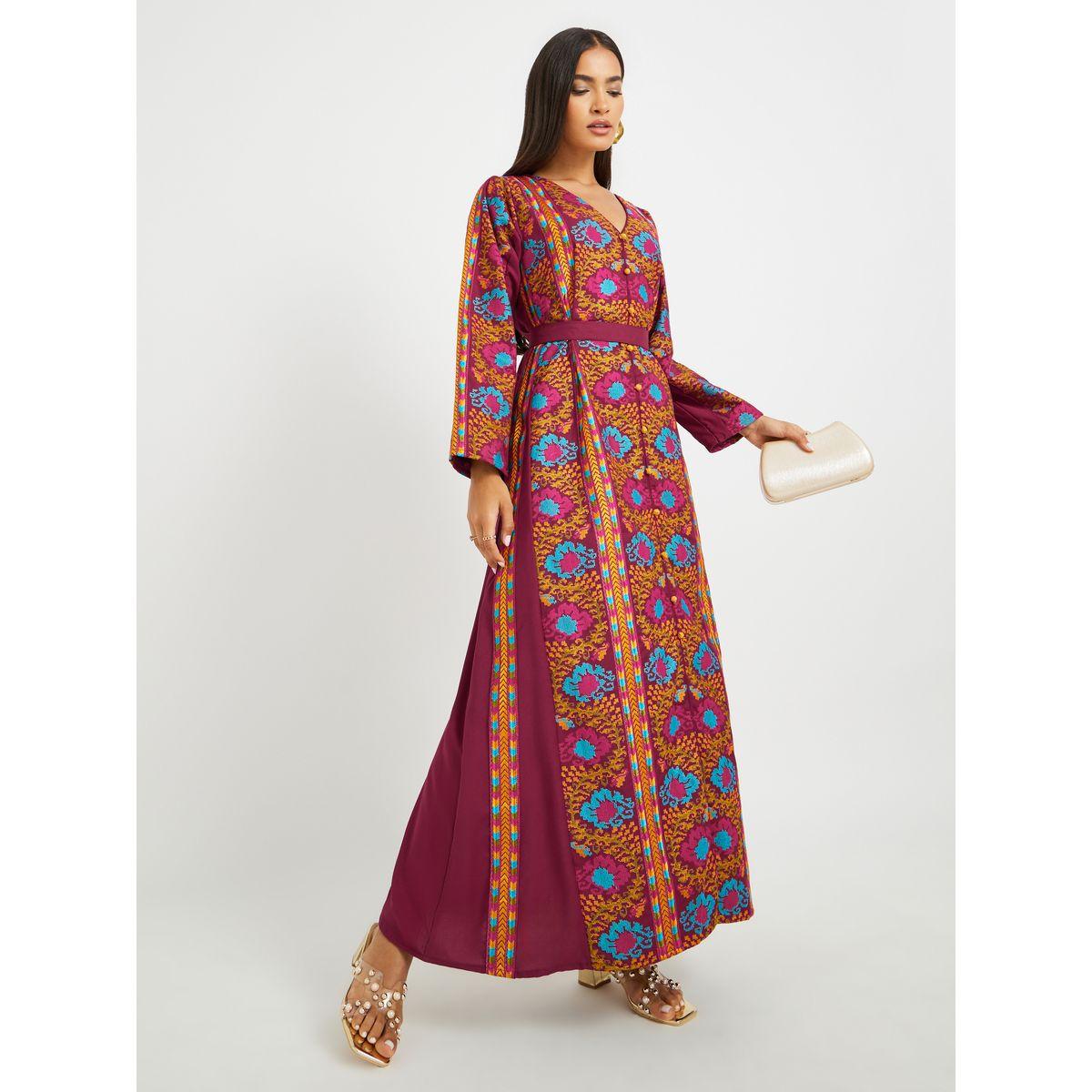 Maxim Creation Embroidered V Neck Belted Jalabiya-women-arabicclothing-jalabiyas-image-2