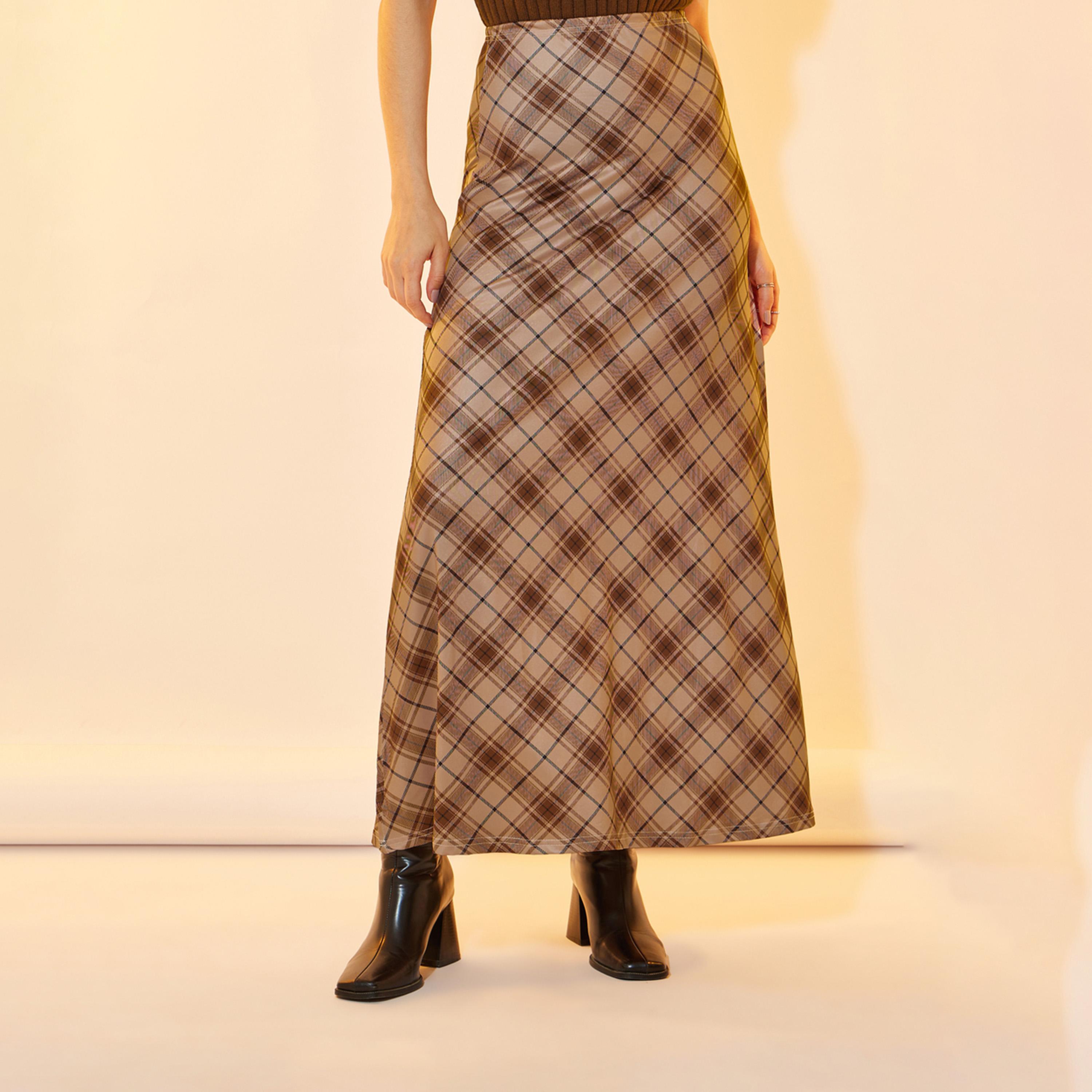 تنورة طويلة بطبعة مربعات وخصر عالي-women-clothing-bottoms-skirts-image-2