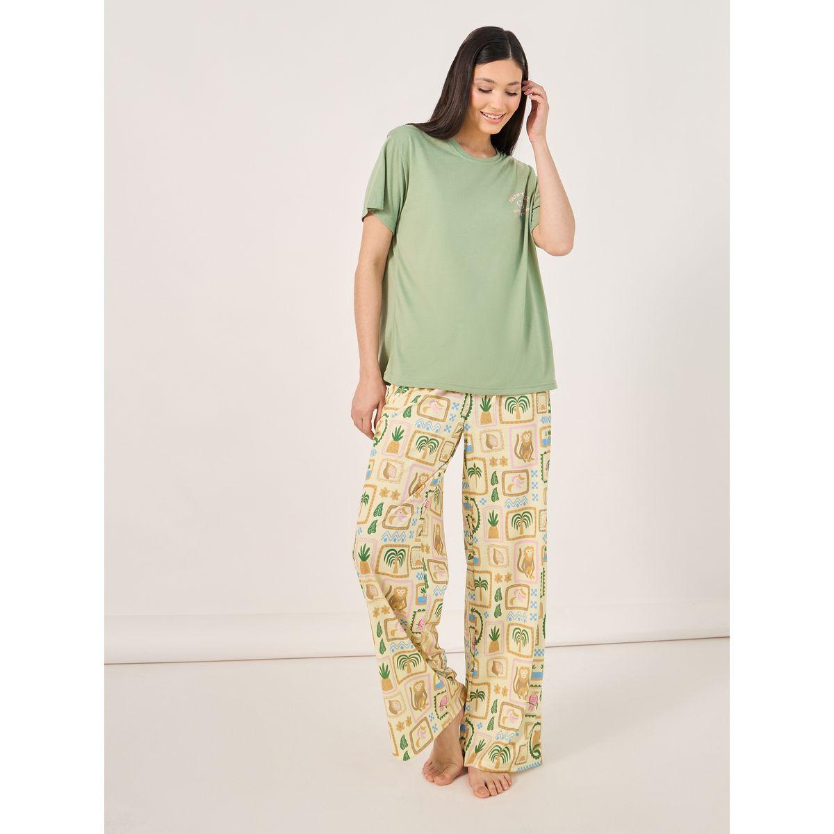 Double Script Slogan Dropped Shoulder T-Shirt and Graphic Pyjama Set-women-clothing-nightwear-pyjamas-longsets-image-1
