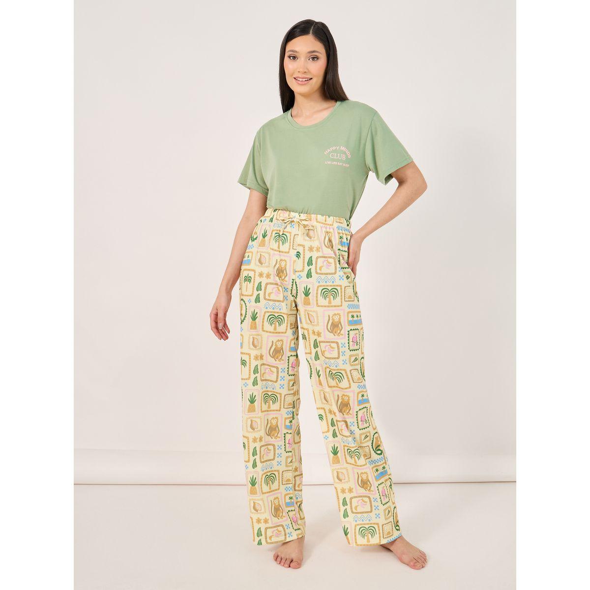 Double Script Slogan Dropped Shoulder T-Shirt and Graphic Pyjama Set-women-clothing-nightwear-pyjamas-longsets-image-2