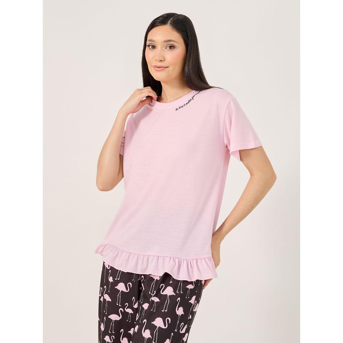 Slogan Ruffled Hem T-Shirt and Flamingo Print Pyjama Set-women-clothing-nightwear-pyjamas-longsets-image-3