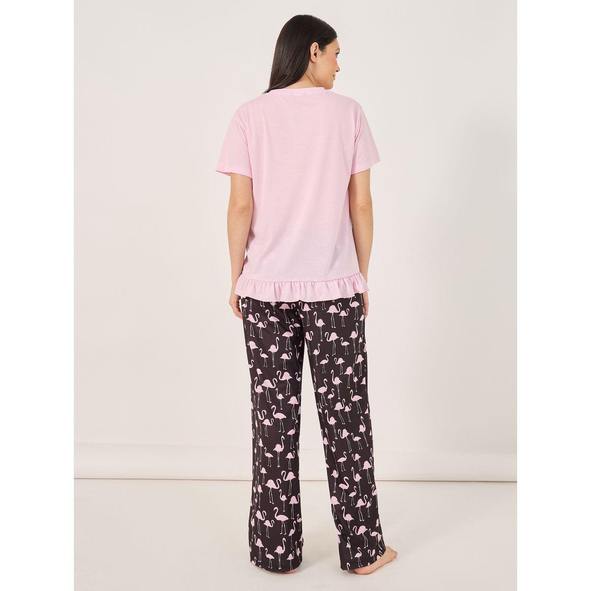 Slogan Ruffled Hem T-Shirt and Flamingo Print Pyjama Set-women-clothing-nightwear-pyjamas-longsets-image-5