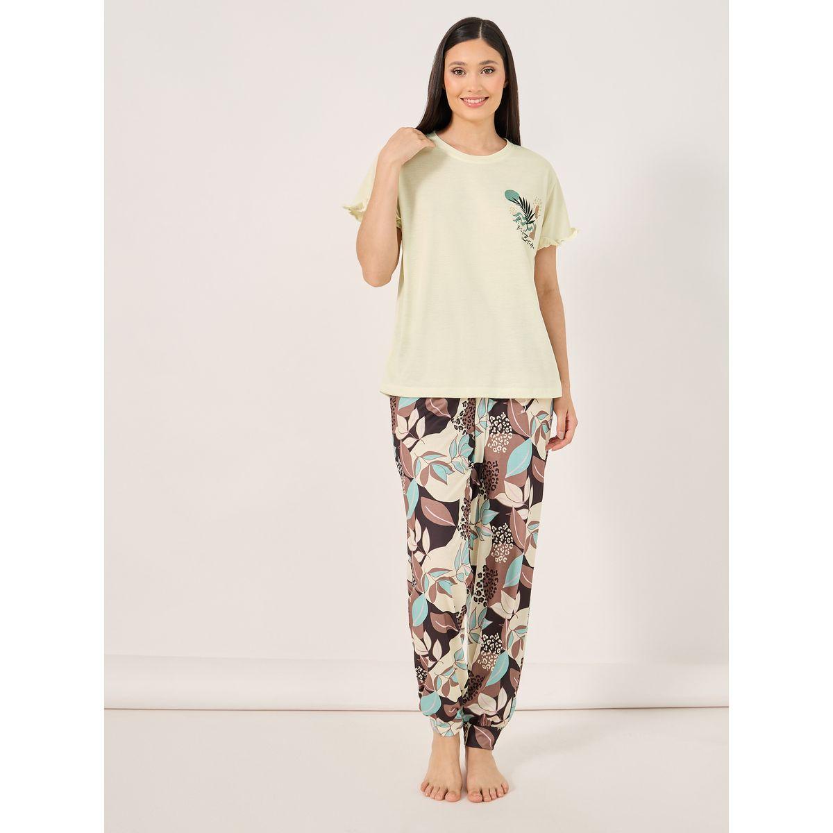 Leaf Print Ruffled Sleeve Hem T-Shirt and Cuffed Pyjama Set-women-clothing-nightwear-pyjamas-longsets-image-1