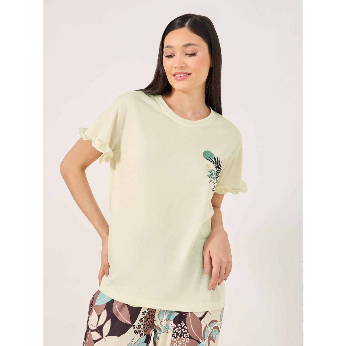 طقم من بنطال بيجاما مع تيشيرت بطبعة أوراق مع كشكش-women-clothing-nightwear-pyjamas-longsets-image-2