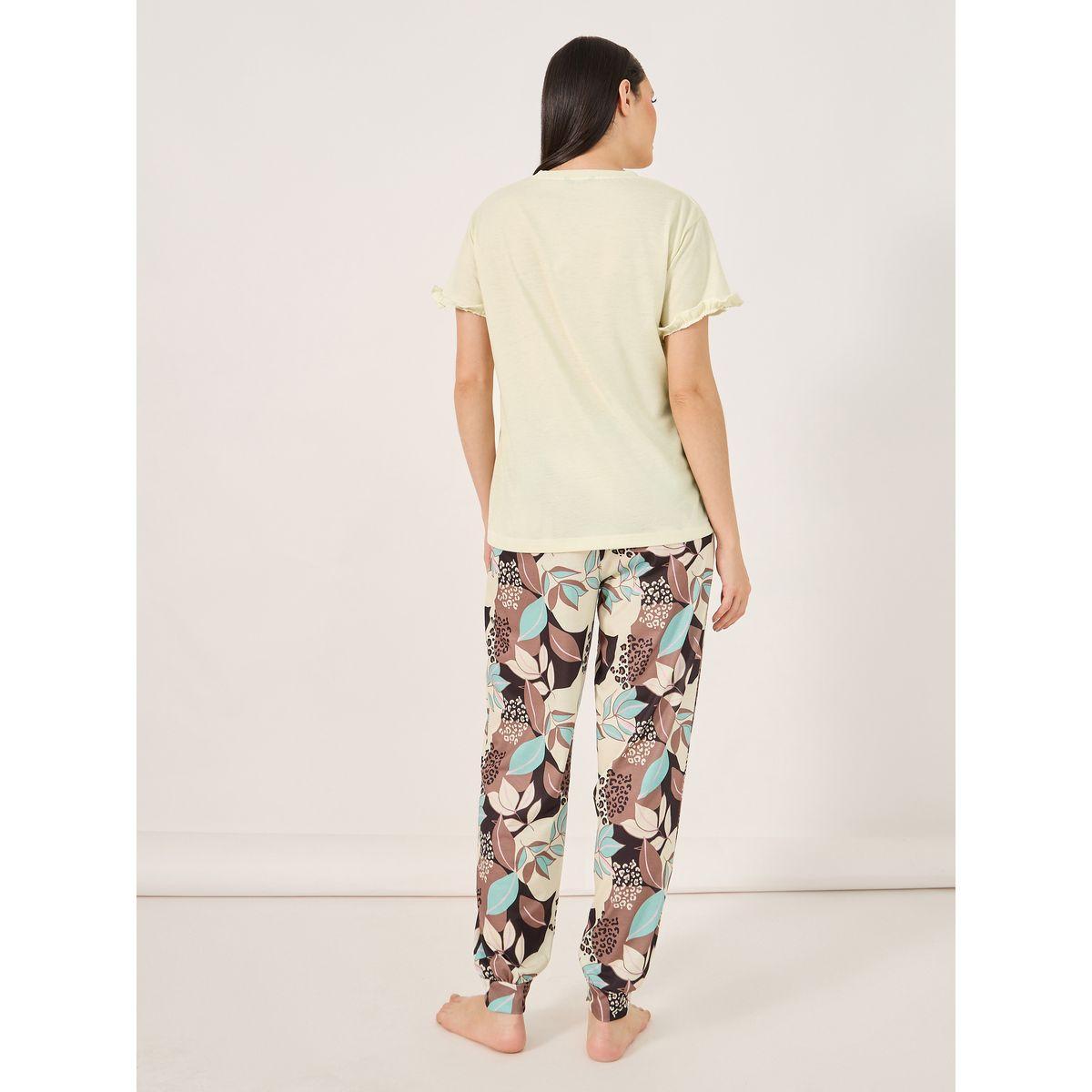Leaf Print Ruffled Sleeve Hem T-Shirt and Cuffed Pyjama Set-women-clothing-nightwear-pyjamas-longsets-image-5