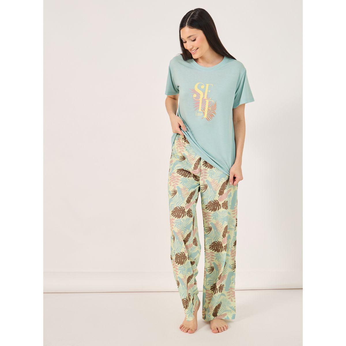 Self Love Graphic T-Shirt and Leaf Print Pyjama Set-women-clothing-nightwear-pyjamas-longsets-image-1