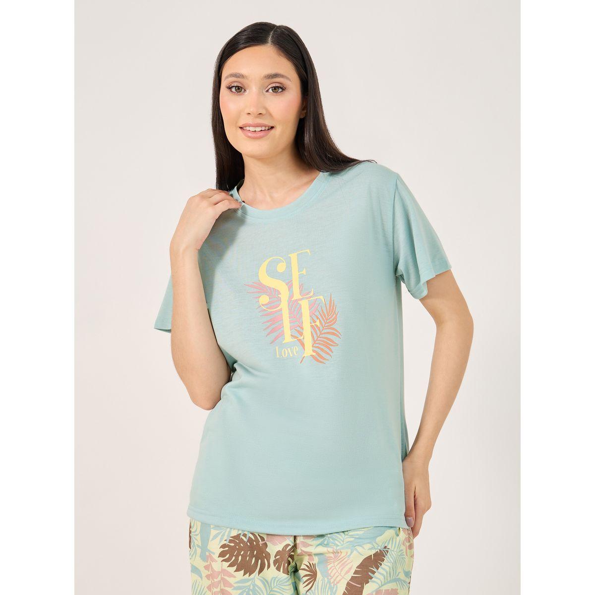 Self Love Graphic T-Shirt and Leaf Print Pyjama Set-women-clothing-nightwear-pyjamas-longsets-image-2