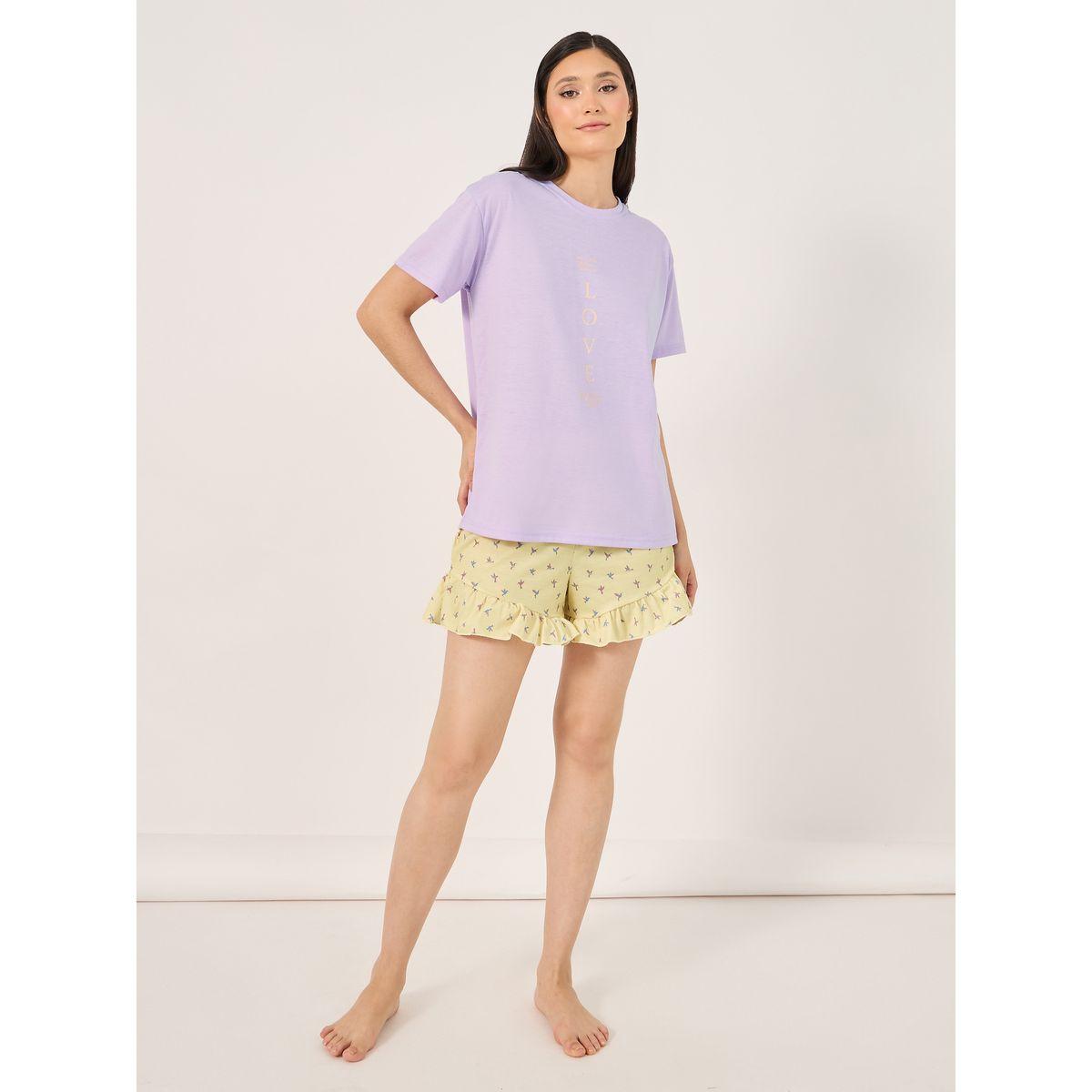 Love Slogan T-Shirt and Printed Ruffled Hem Shorts Set-women-clothing-nightwear-pyjamas-shortsets-image-1