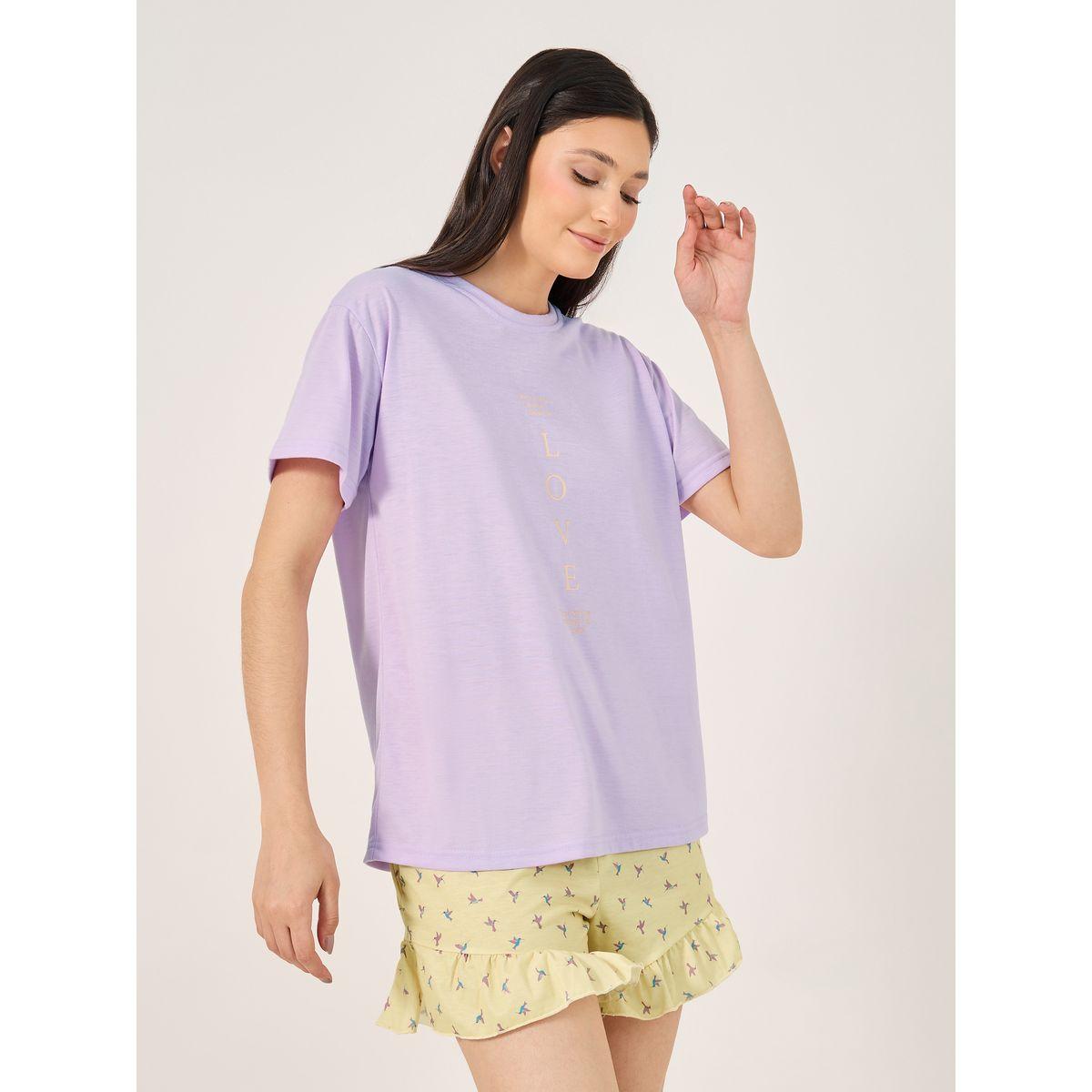 Love Slogan T-Shirt and Printed Ruffled Hem Shorts Set-women-clothing-nightwear-pyjamas-shortsets-image-2