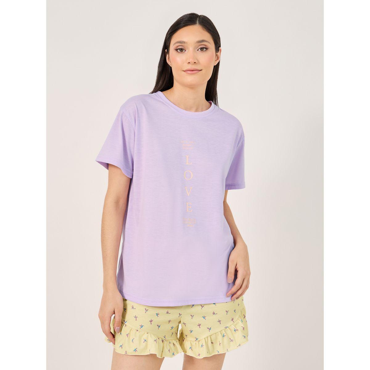 Love Slogan T-Shirt and Printed Ruffled Hem Shorts Set-women-clothing-nightwear-pyjamas-shortsets-image-3
