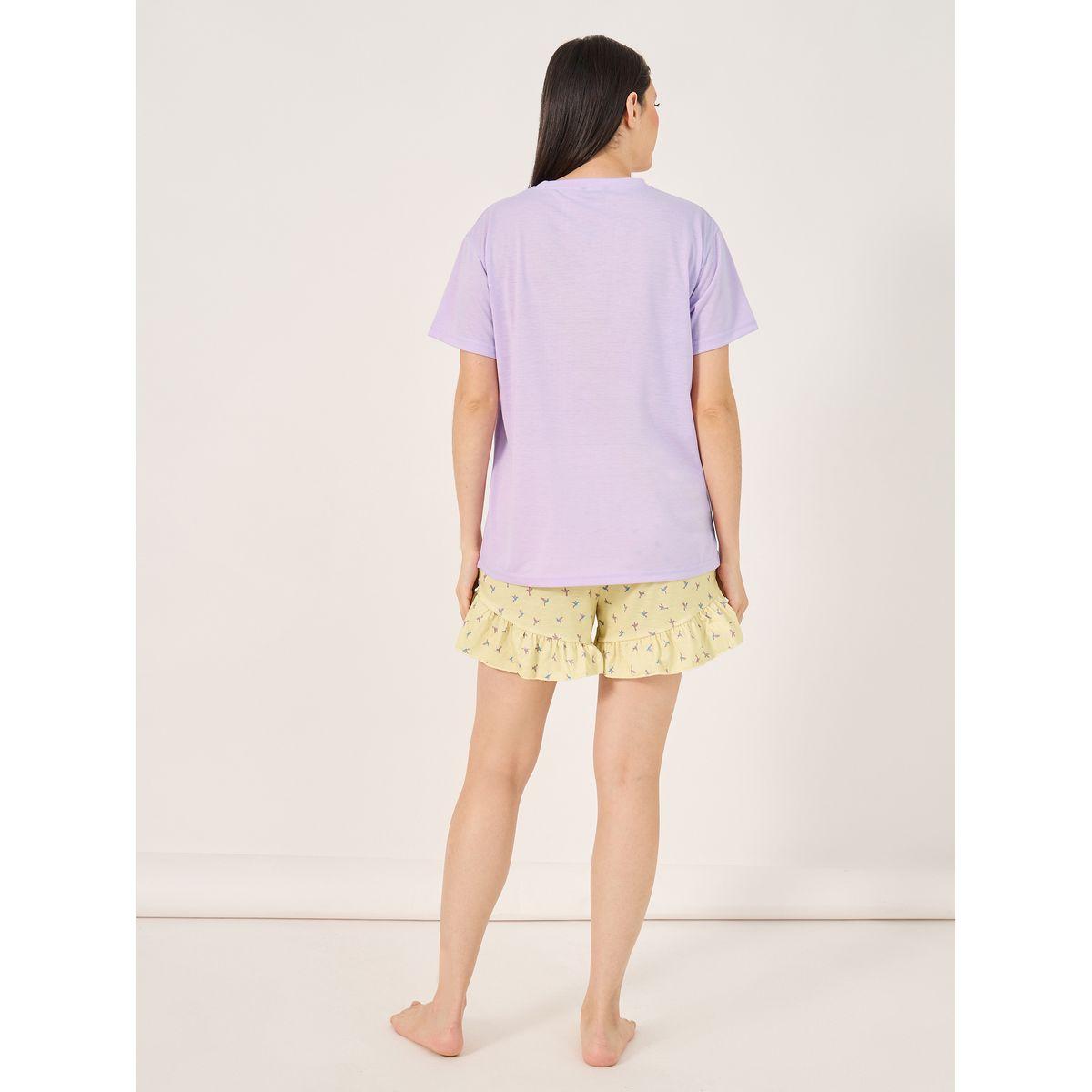 Love Slogan T-Shirt and Printed Ruffled Hem Shorts Set-women-clothing-nightwear-pyjamas-shortsets-image-4
