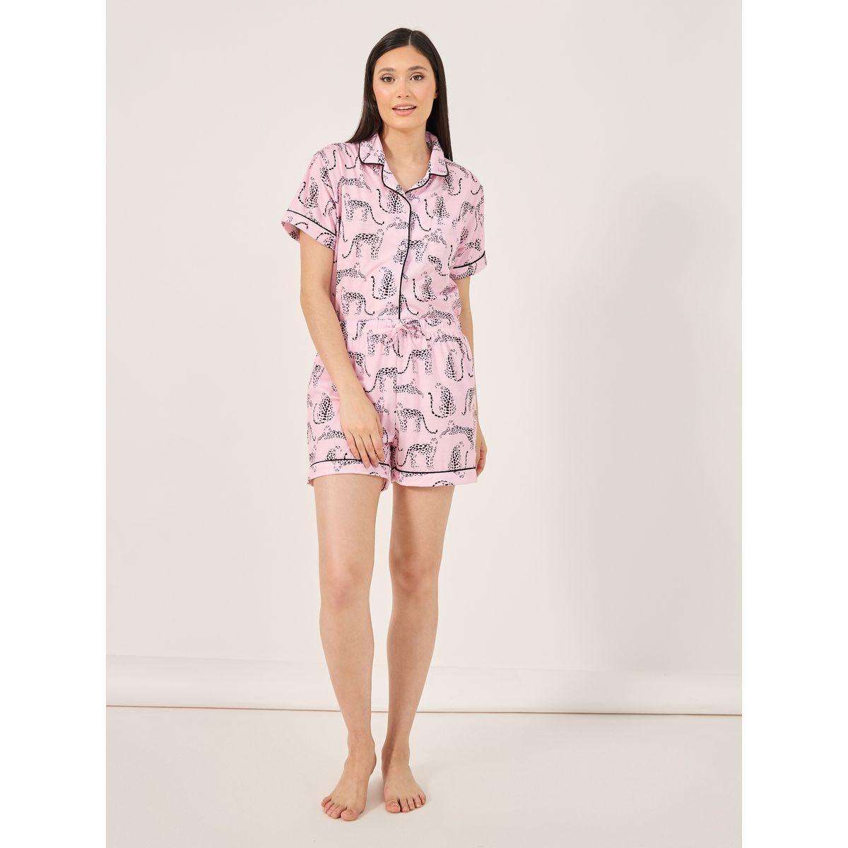 Cheetah Print Button Placket Shirt and Shorts Set-women-clothing-nightwear-pyjamas-shortsets-image-2