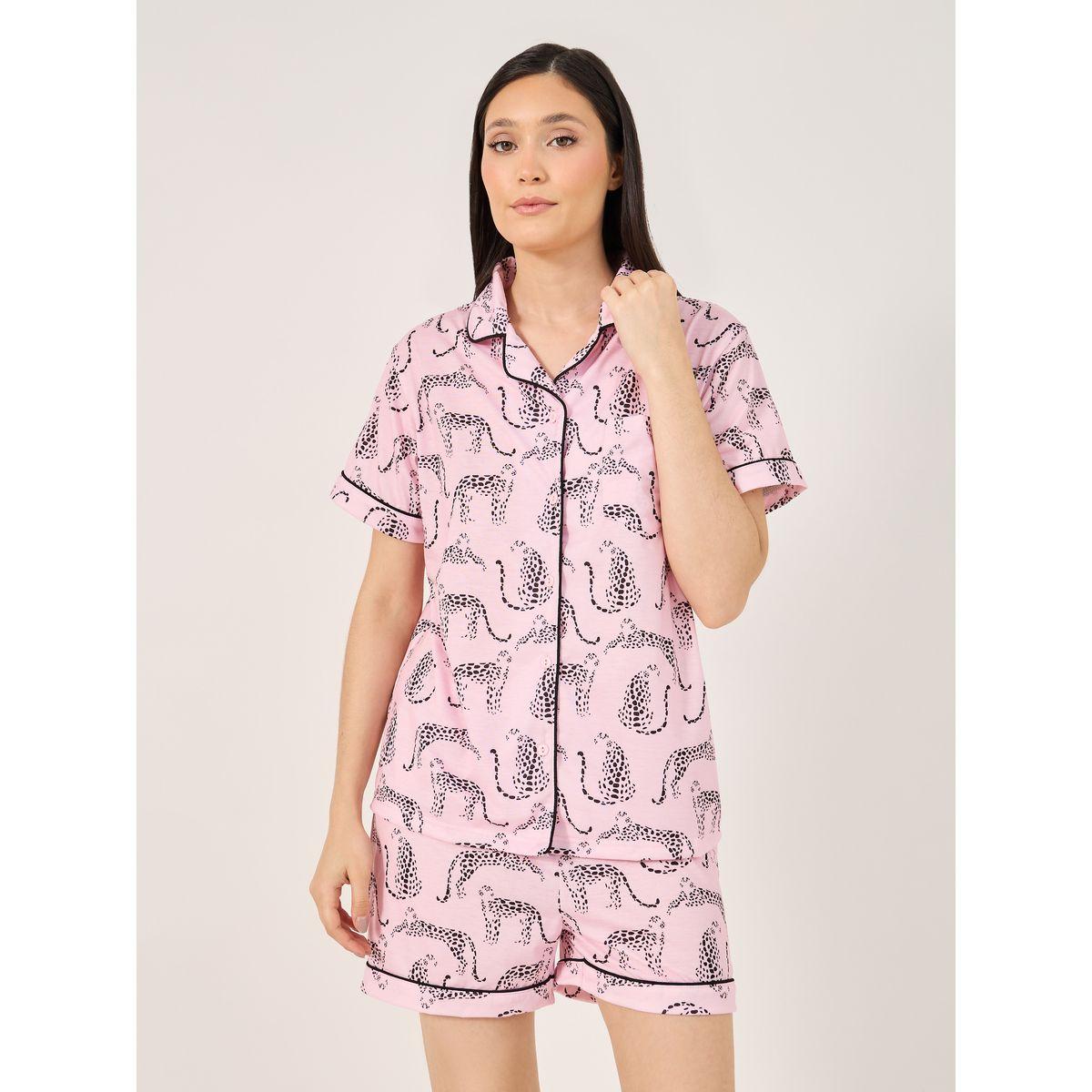 Cheetah Print Button Placket Shirt and Shorts Set-women-clothing-nightwear-pyjamas-shortsets-image-3