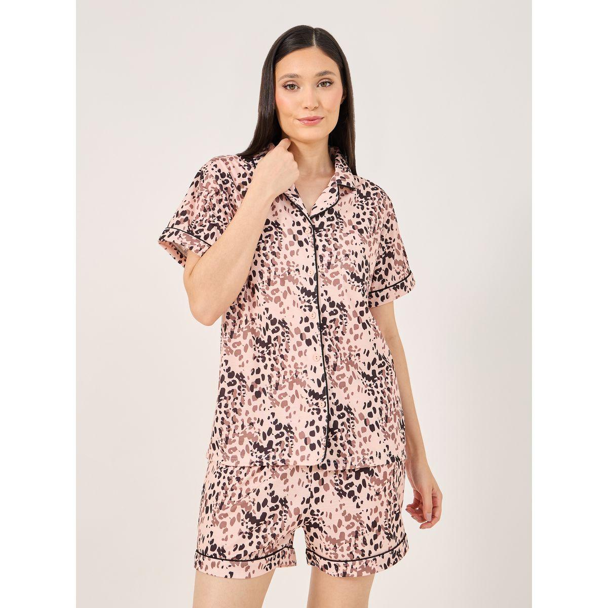 All Over Leopard Print Button Placket Shirt and Shorts Set-women-clothing-nightwear-pyjamas-shortsets-image-3