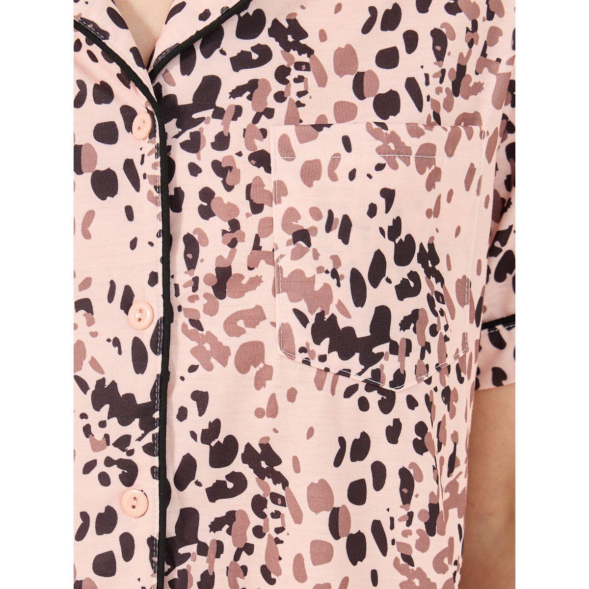 All Over Leopard Print Button Placket Shirt and Shorts Set-women-clothing-nightwear-pyjamas-shortsets-image-4
